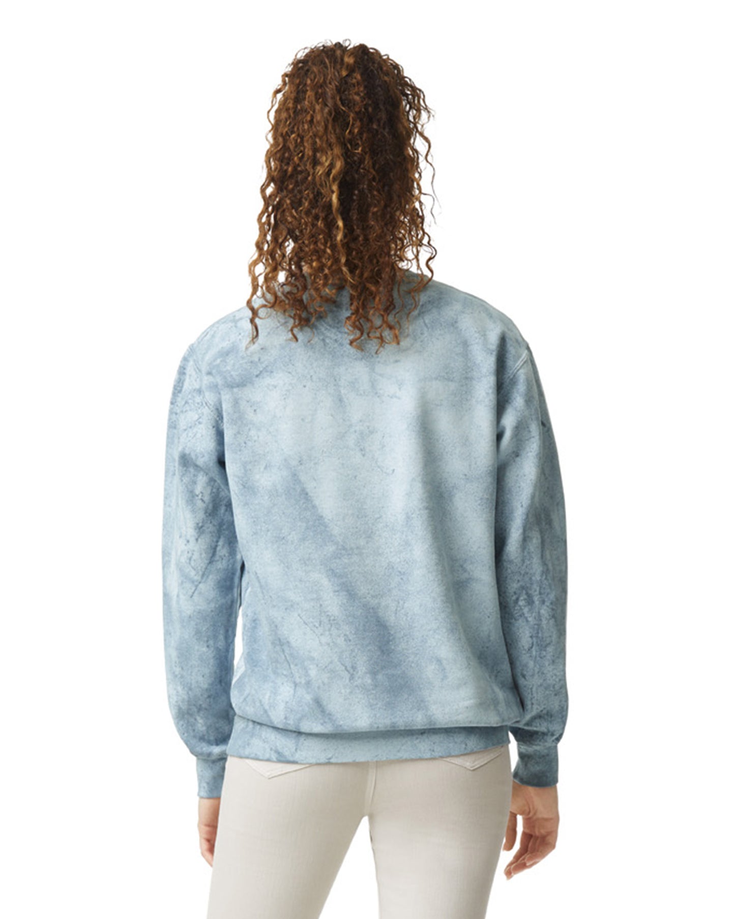 Back view of woman with red hair wearing ocean coloured Comfort Colors Crewneck Sweatshirt 