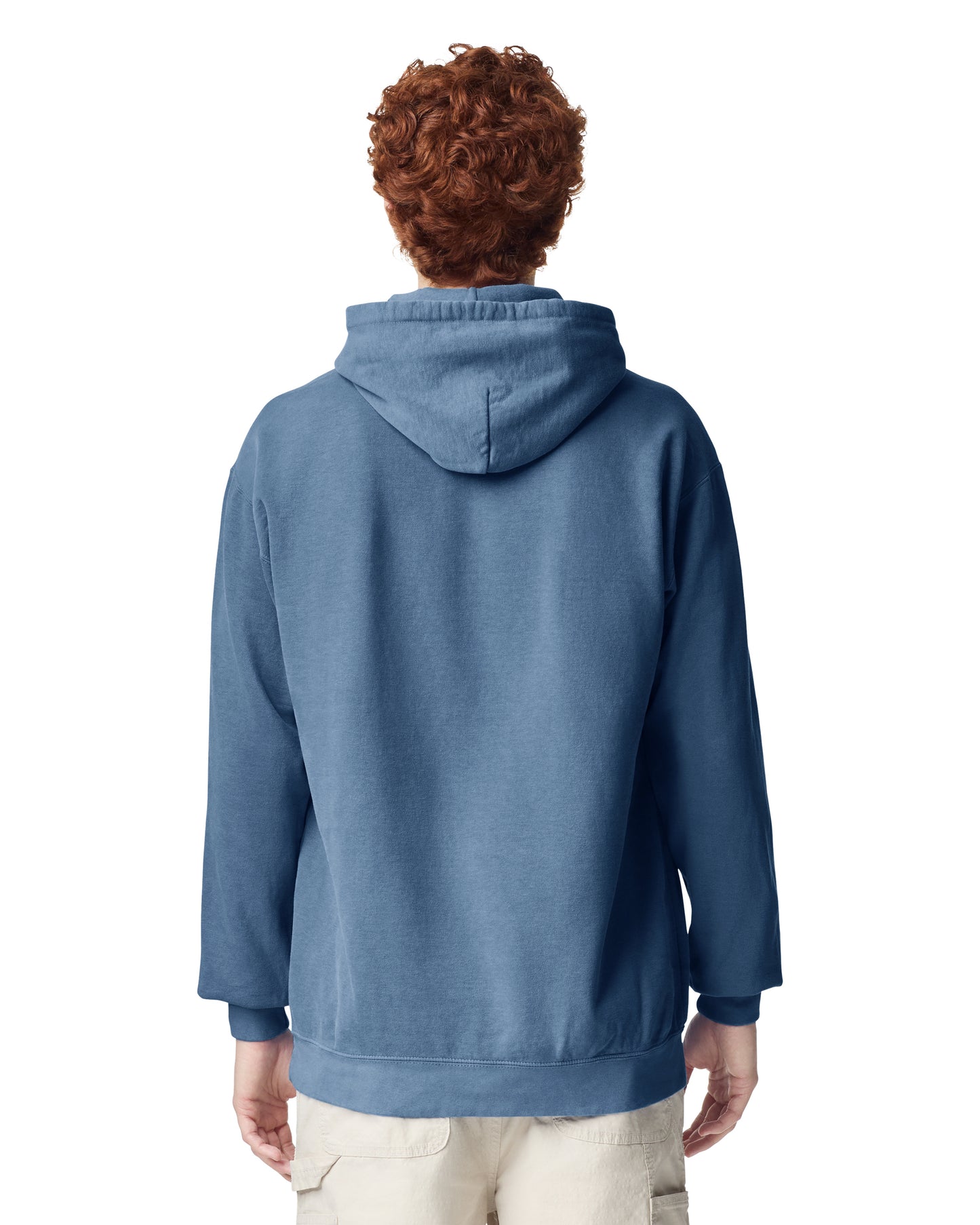 Back view of man wearing blue jean coloured Comfort Colors Hoodie with arms by side