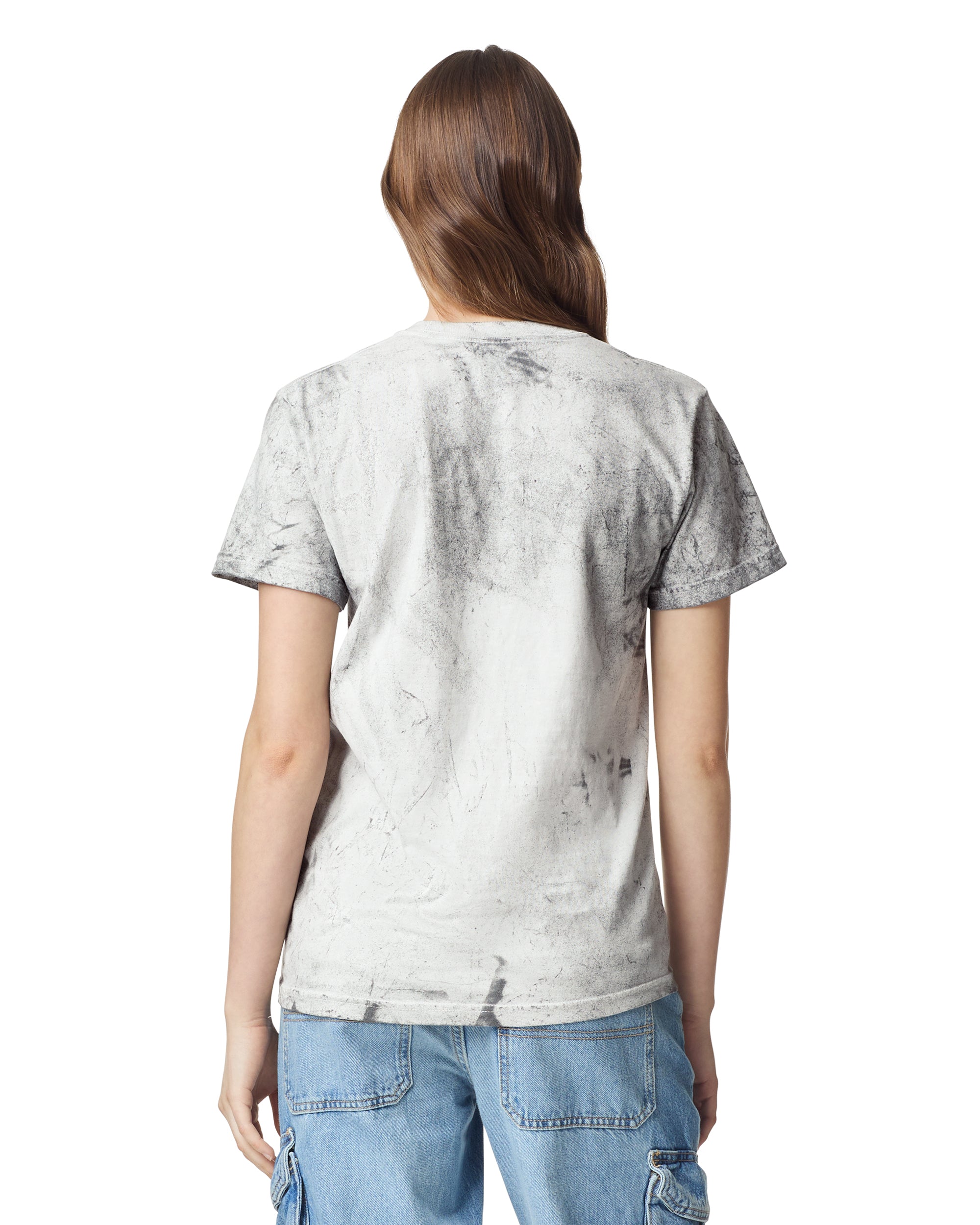 Back view of woman wearing smoke coloured Comfort Colors Color Blast T-shirt with hair over right shoulder