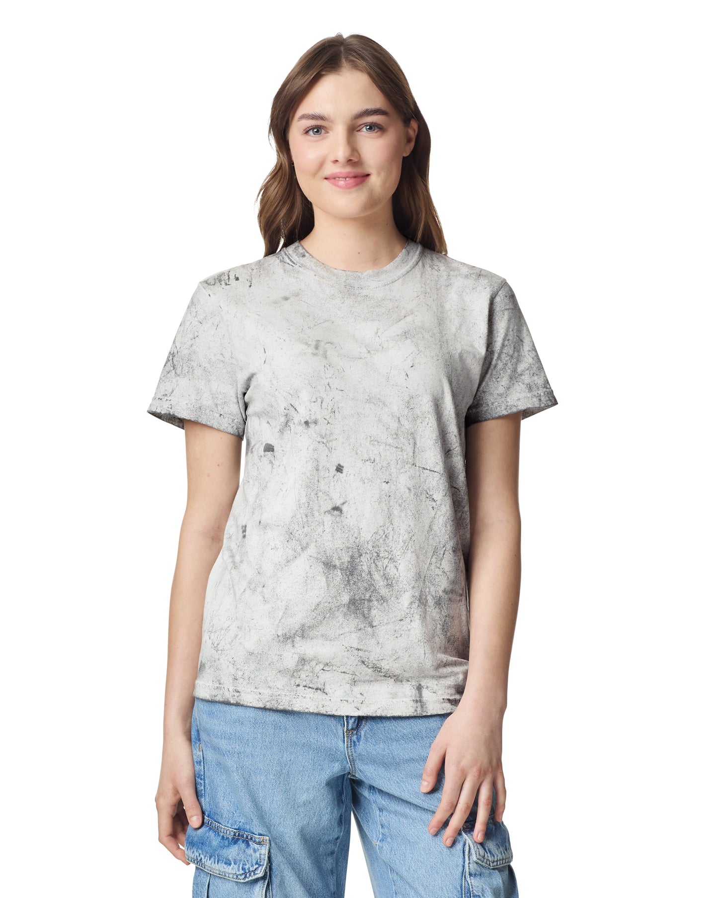 Front view of woman wearing smoke coloured Comfort Colors Color Blast T-shirt looking directly ahead