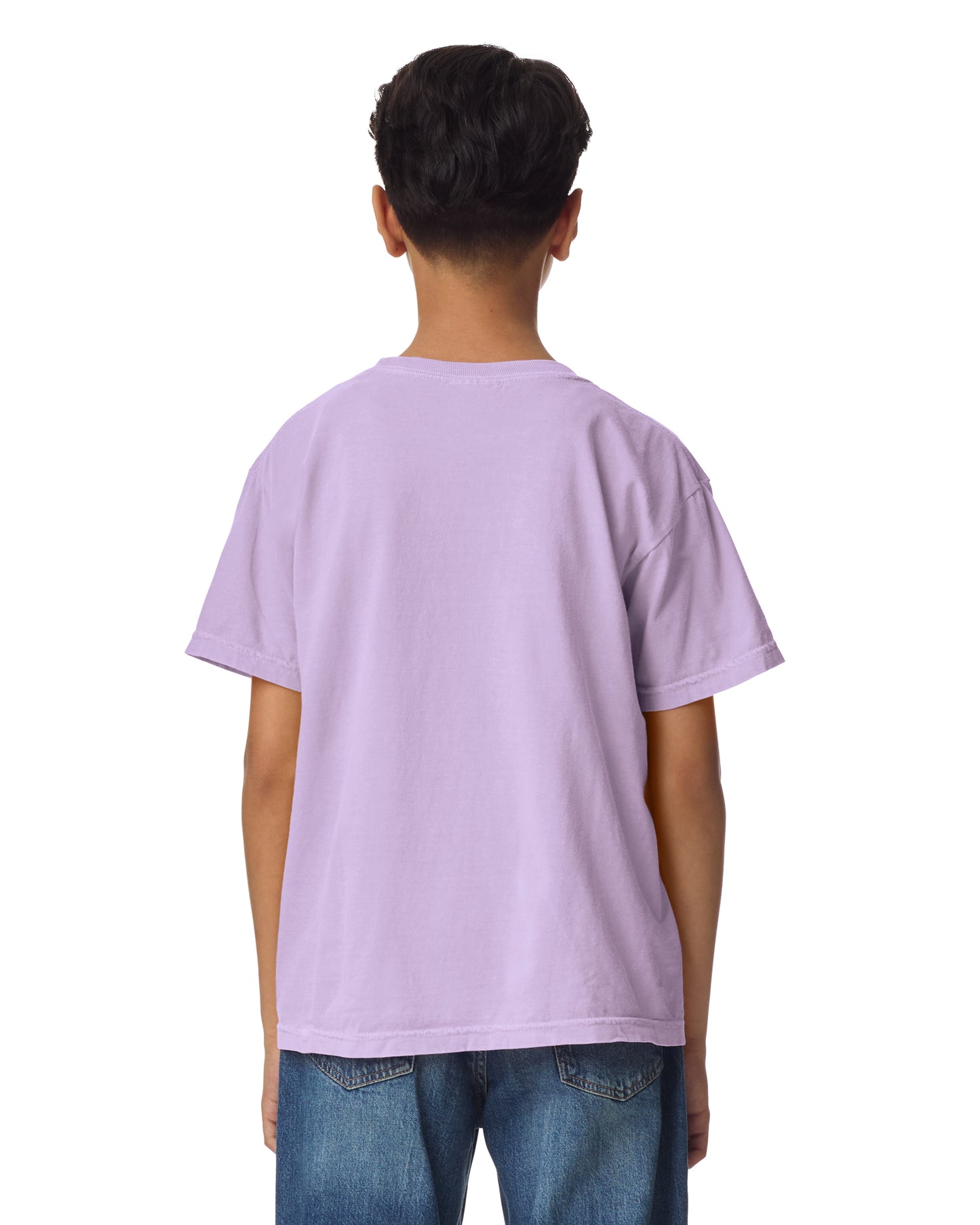Back view of youth wearing orchid coloured Comfort Colors Youth T-shir with arms slightly in front