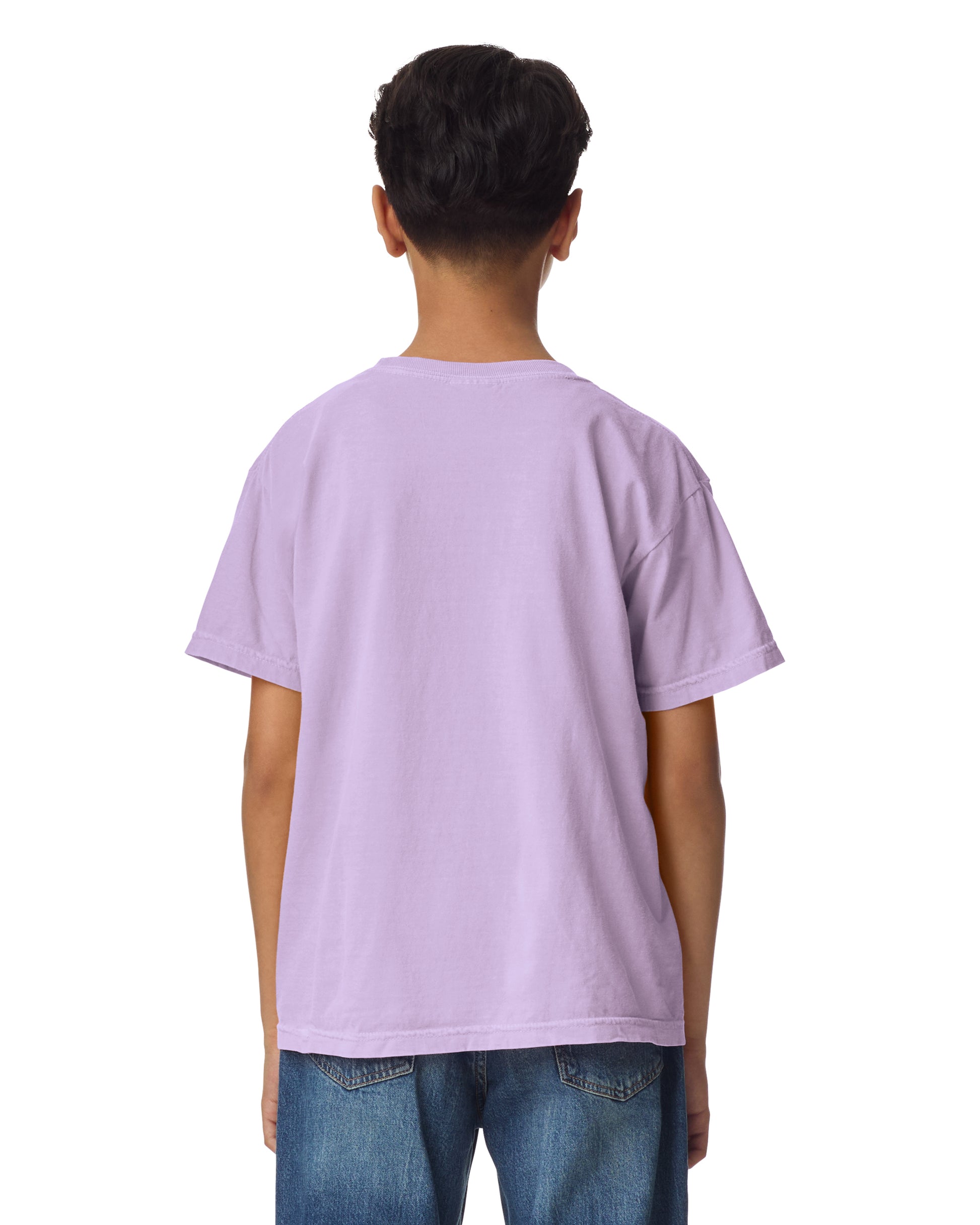 Back view of youth wearing orchid coloured Comfort Colors Youth T-shir with arms slightly in front