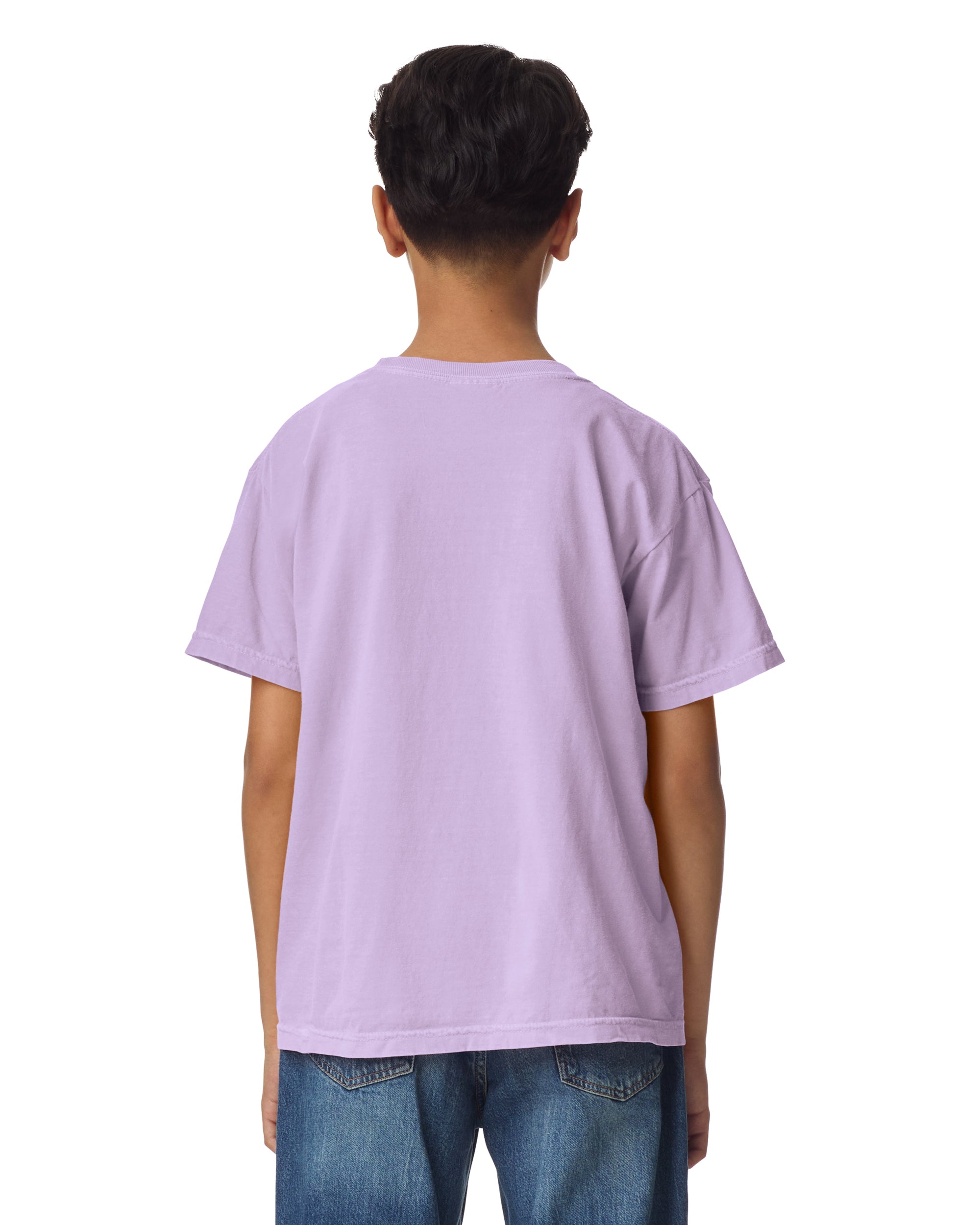 Back view of youth wearing orchid coloured Comfort Colors Youth T-shir with arms slightly in front