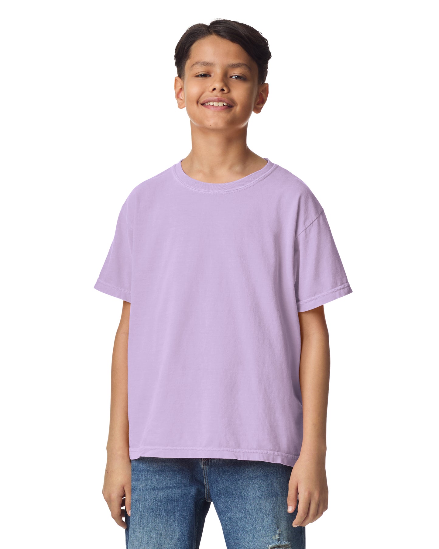 Front view of youth wearing orchid coloured Comfort Colors Youth T-shirt looking straight ahead