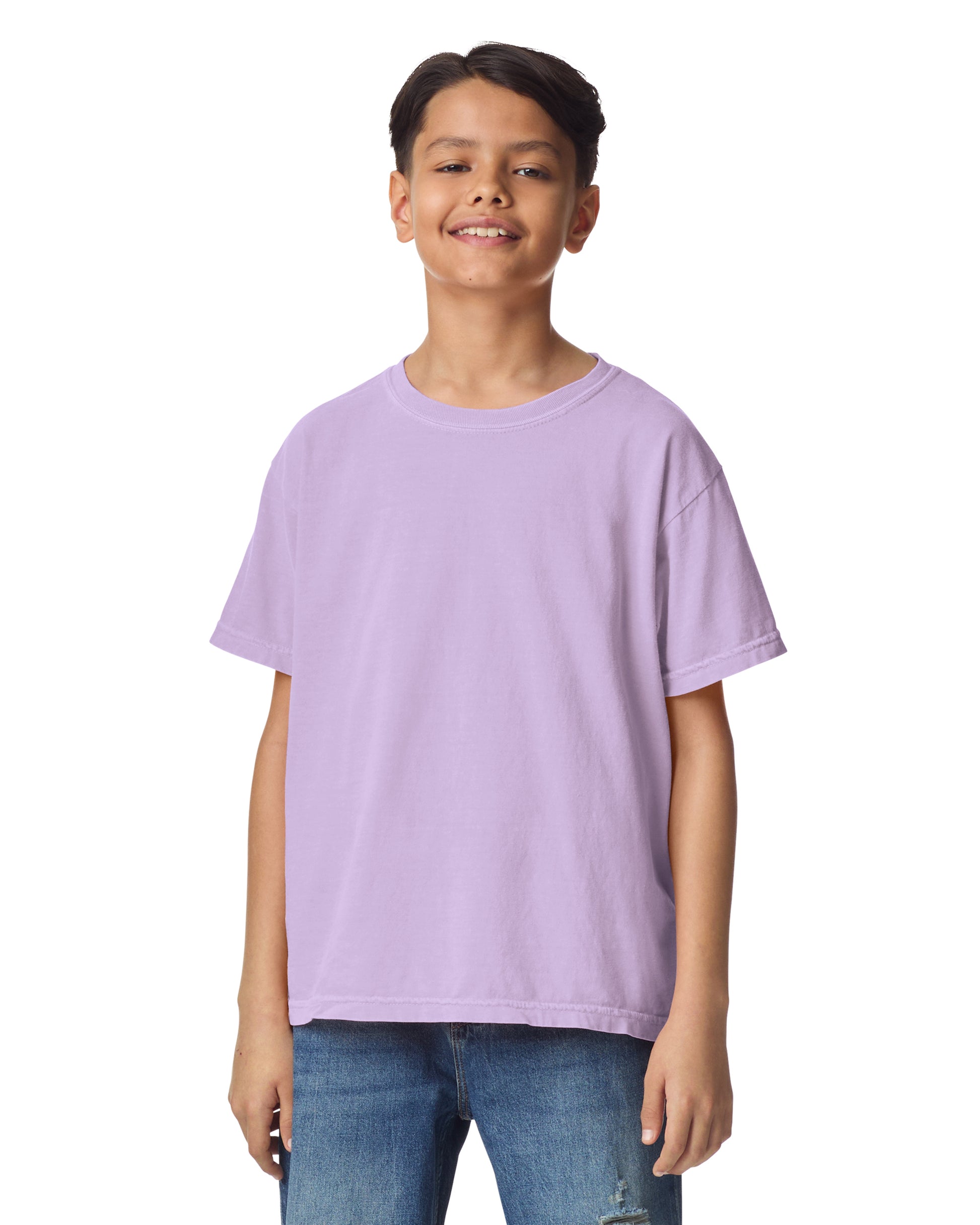 Front view of youth wearing orchid coloured Comfort Colors Youth T-shirt looking straight ahead