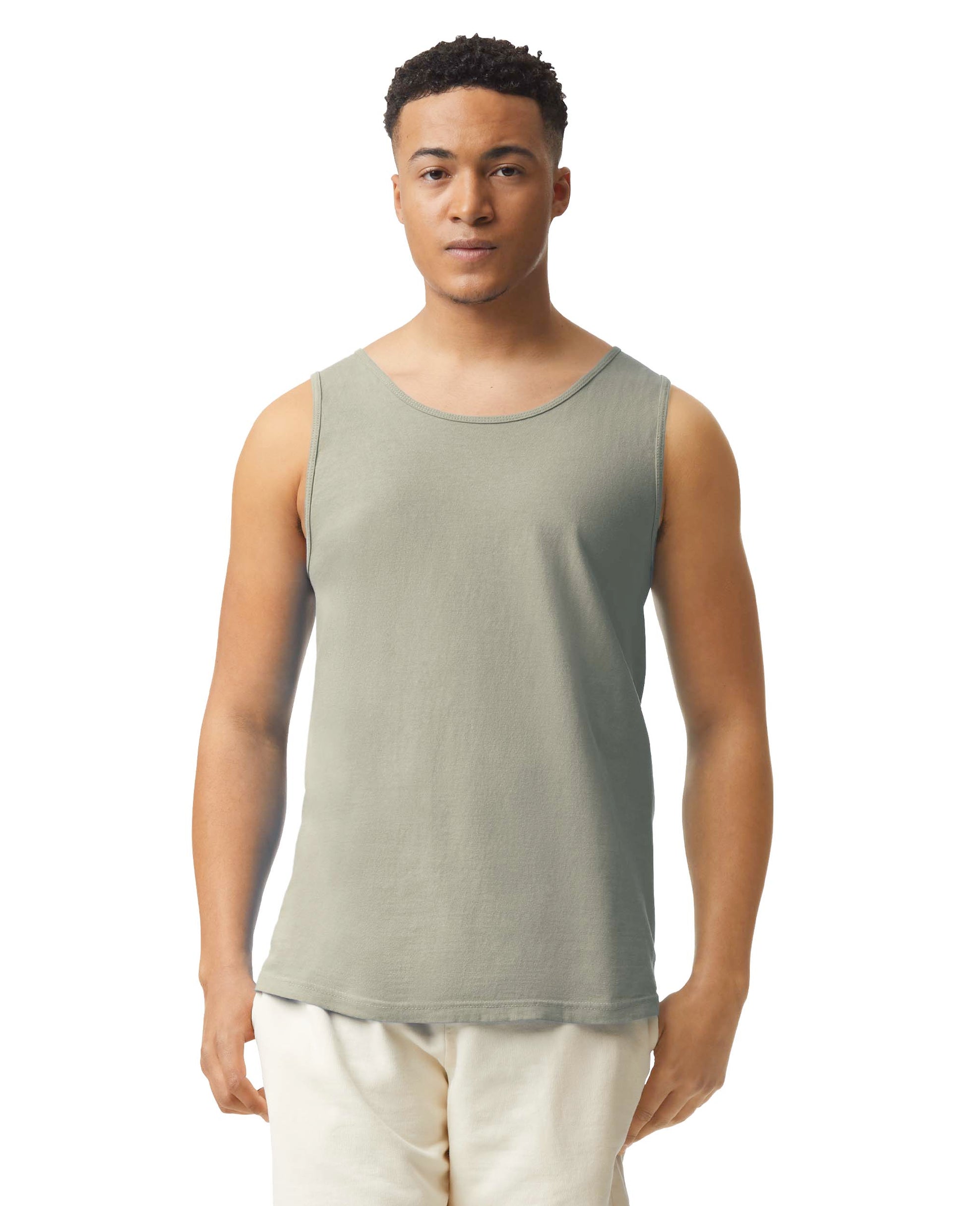 Front view of man wearing sandstone coloured Comfort Colors Adult Tank looking directly at camera