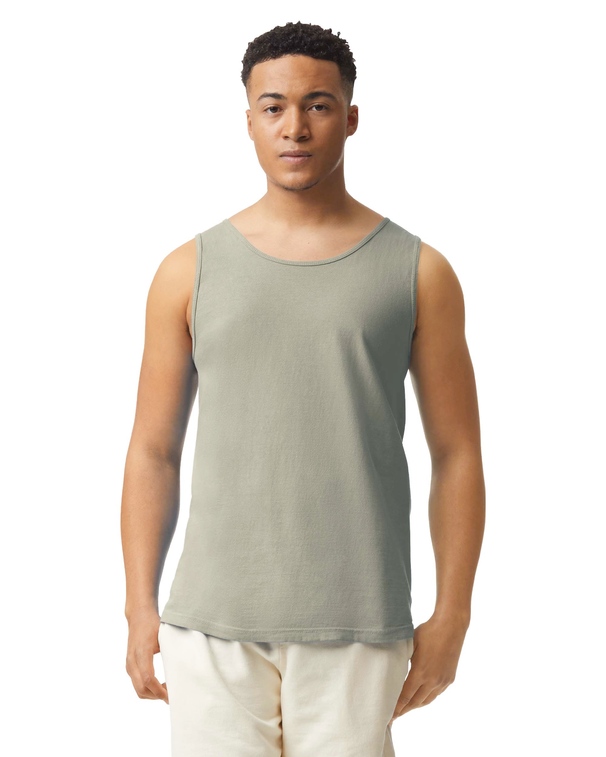 Front view of man wearing sandstone coloured Comfort Colors Adult Tank looking directly at camera