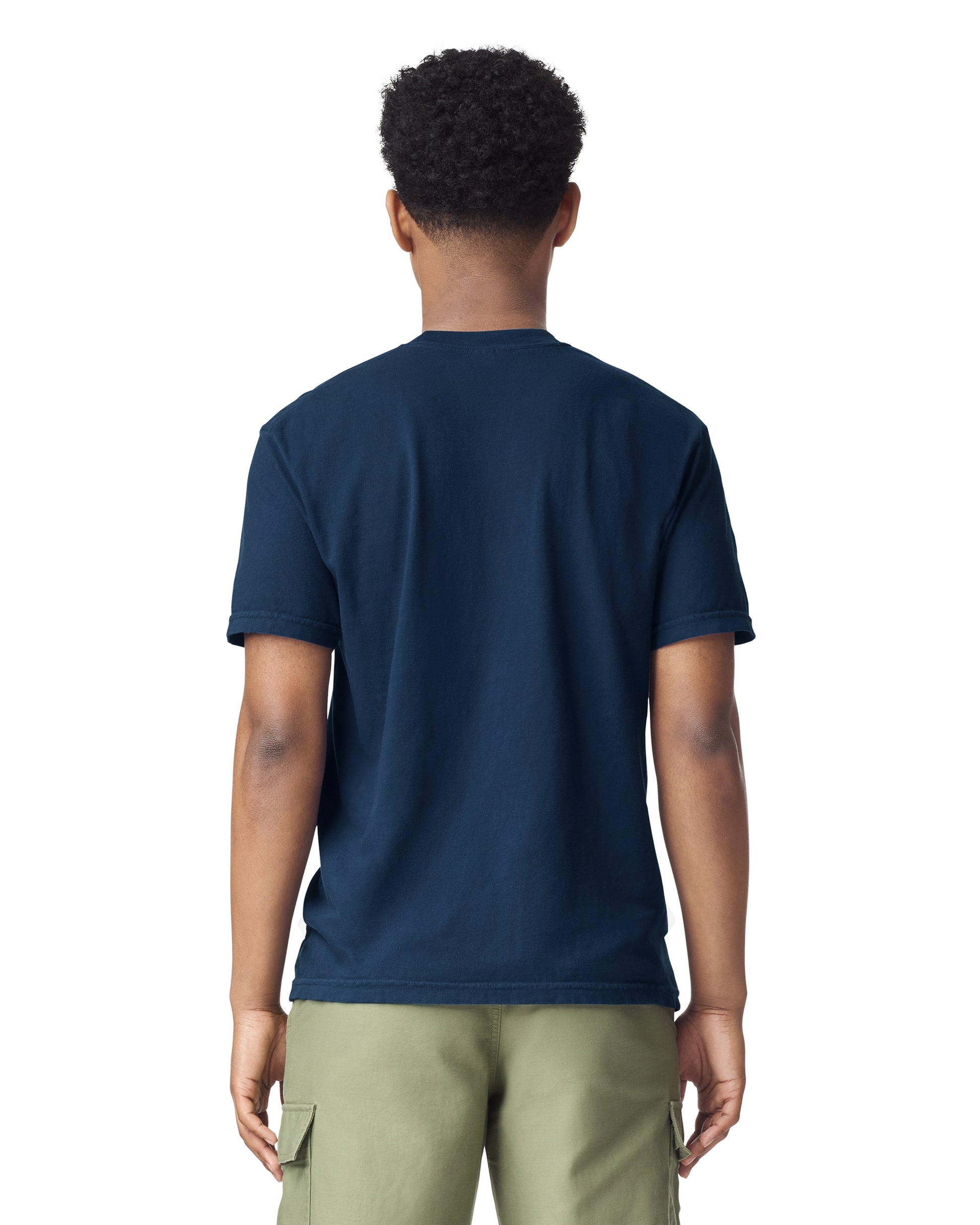 Back view of man wearing navy Comfort Colors Adult Heavyweight T-Shirt with hands by side
