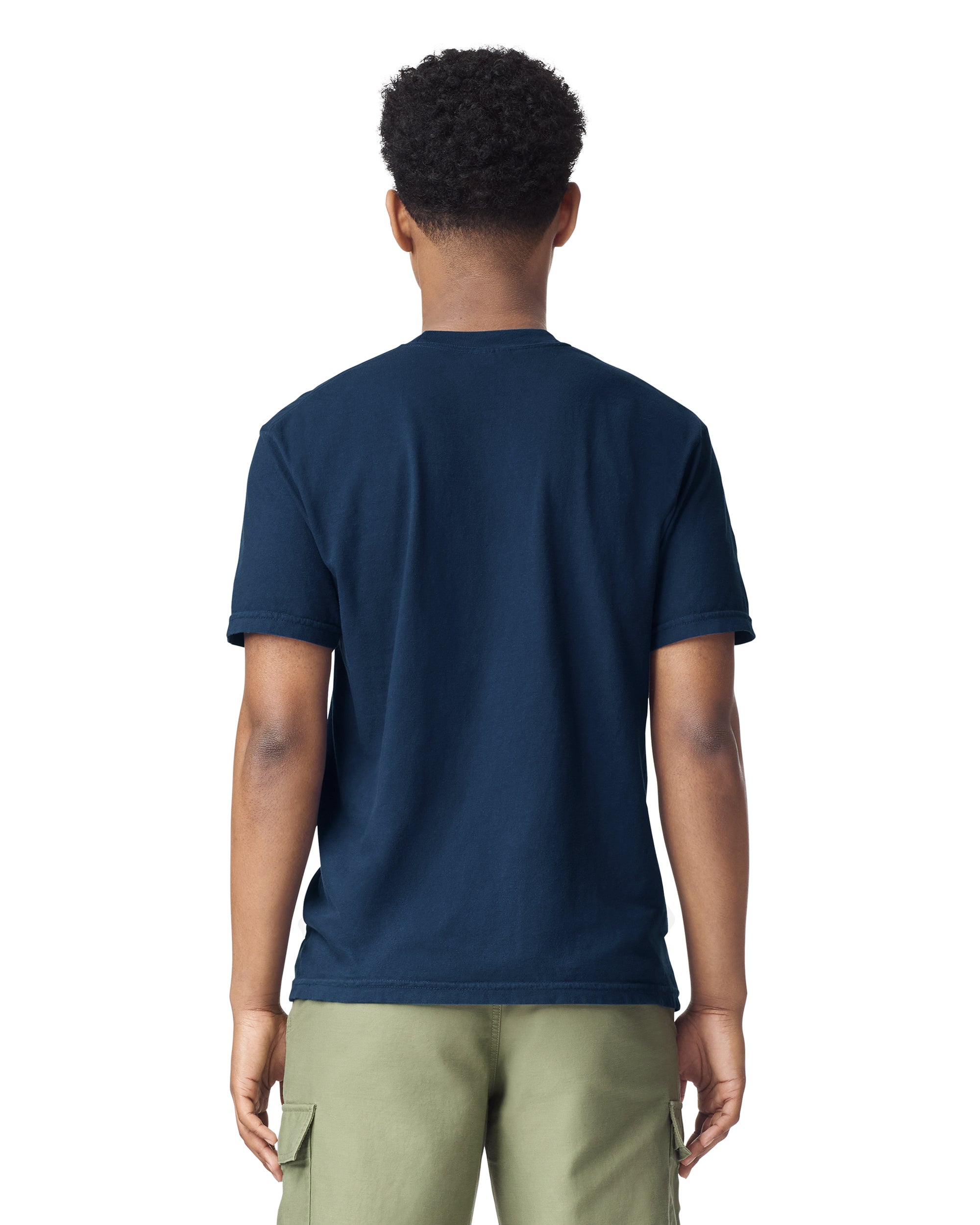 Back view of man wearing navy Comfort Colors Adult Heavyweight T-Shirt with hands by side
