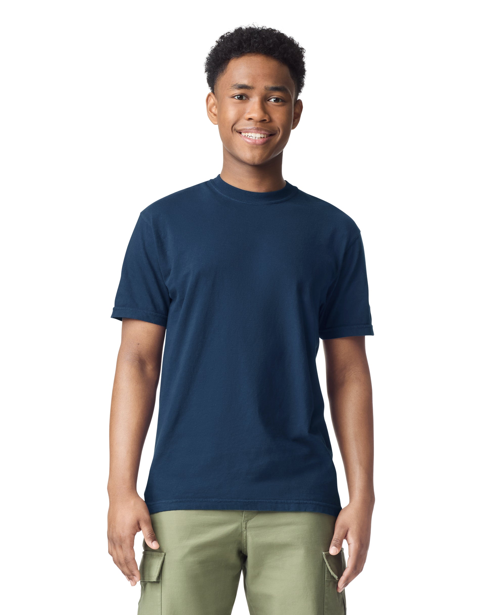 Front view of man wearing navy Comfort Colors Adult Heavyweight T-Shirt smiling looking straight ahead