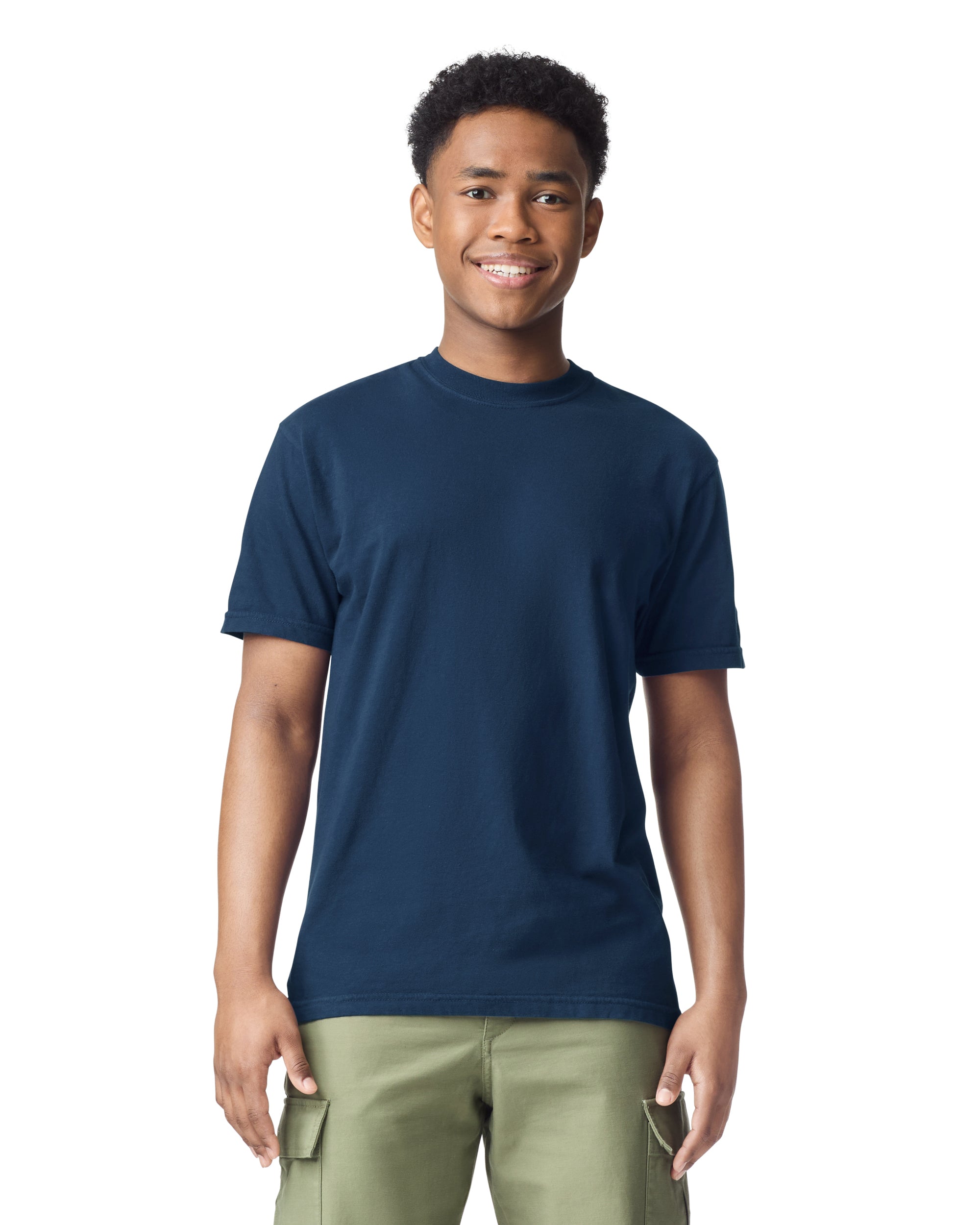 Front view of man wearing navy Comfort Colors Adult Heavyweight T-Shirt smiling looking straight ahead