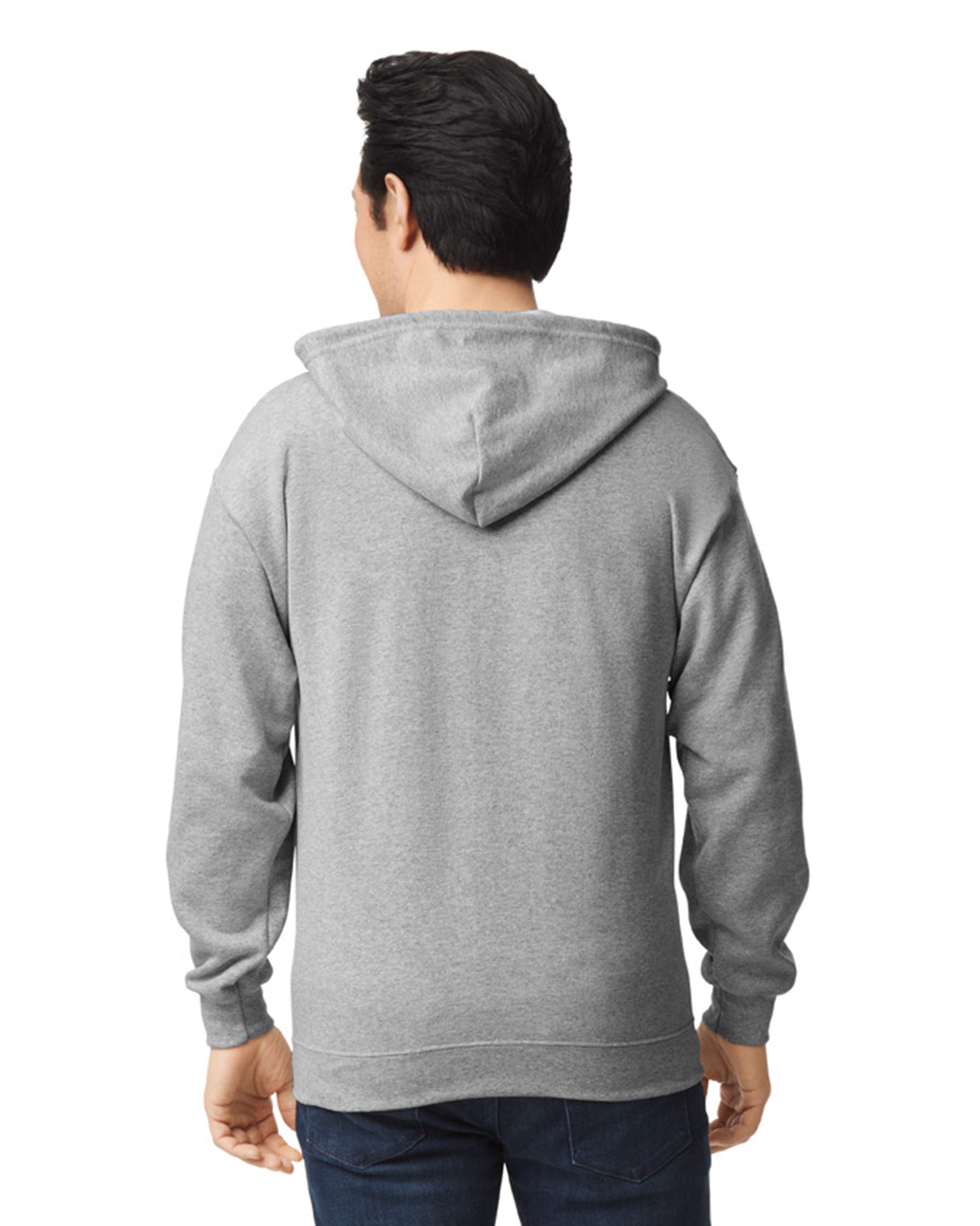Back view of man wearing grey Gildan Adult Heavy Blend Zip Hoodie looking slightly to the left with arms by side
