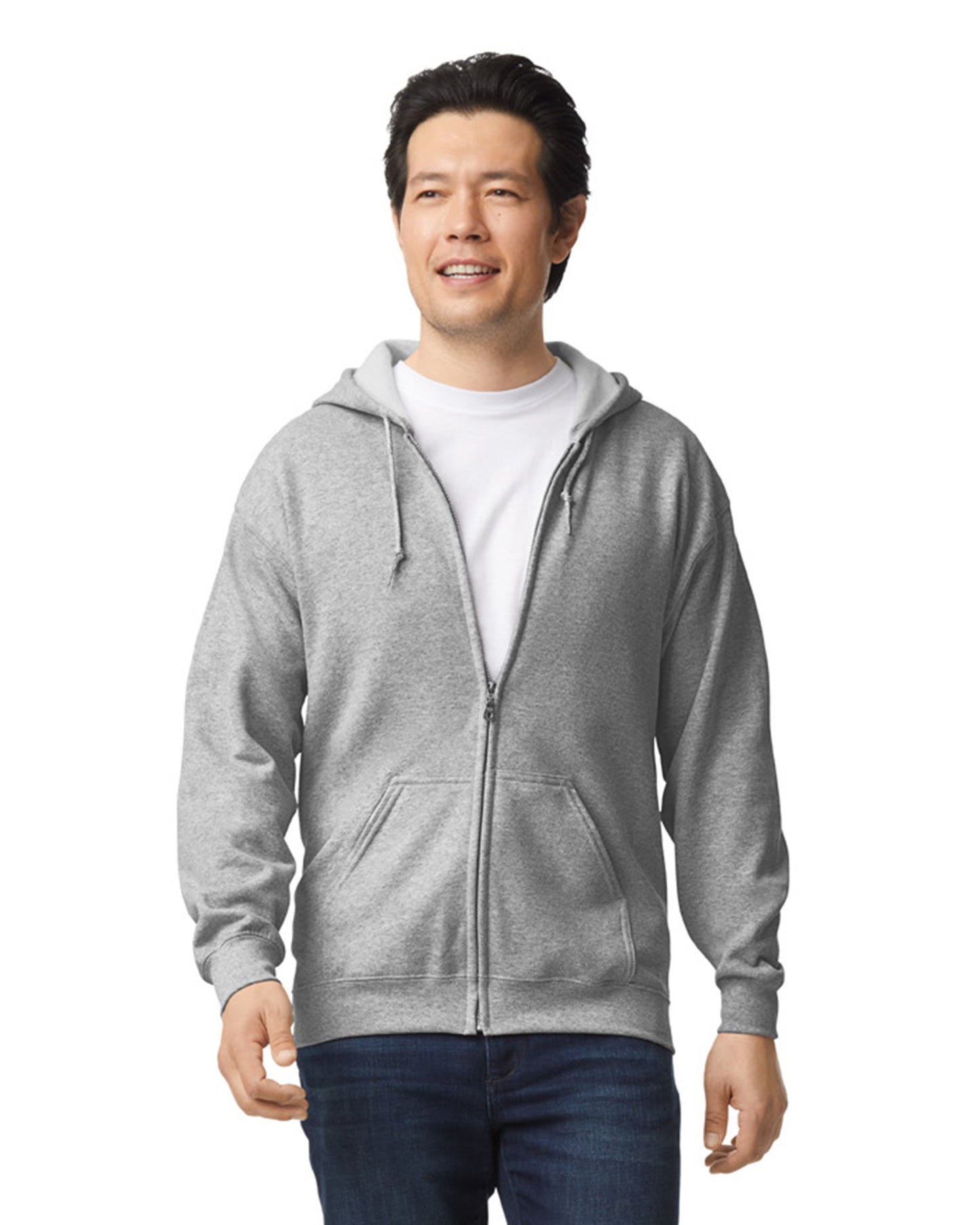 Front view of man wearing grey Gildan Adult Heavy Blend Zip Hoodie and white t-shirt