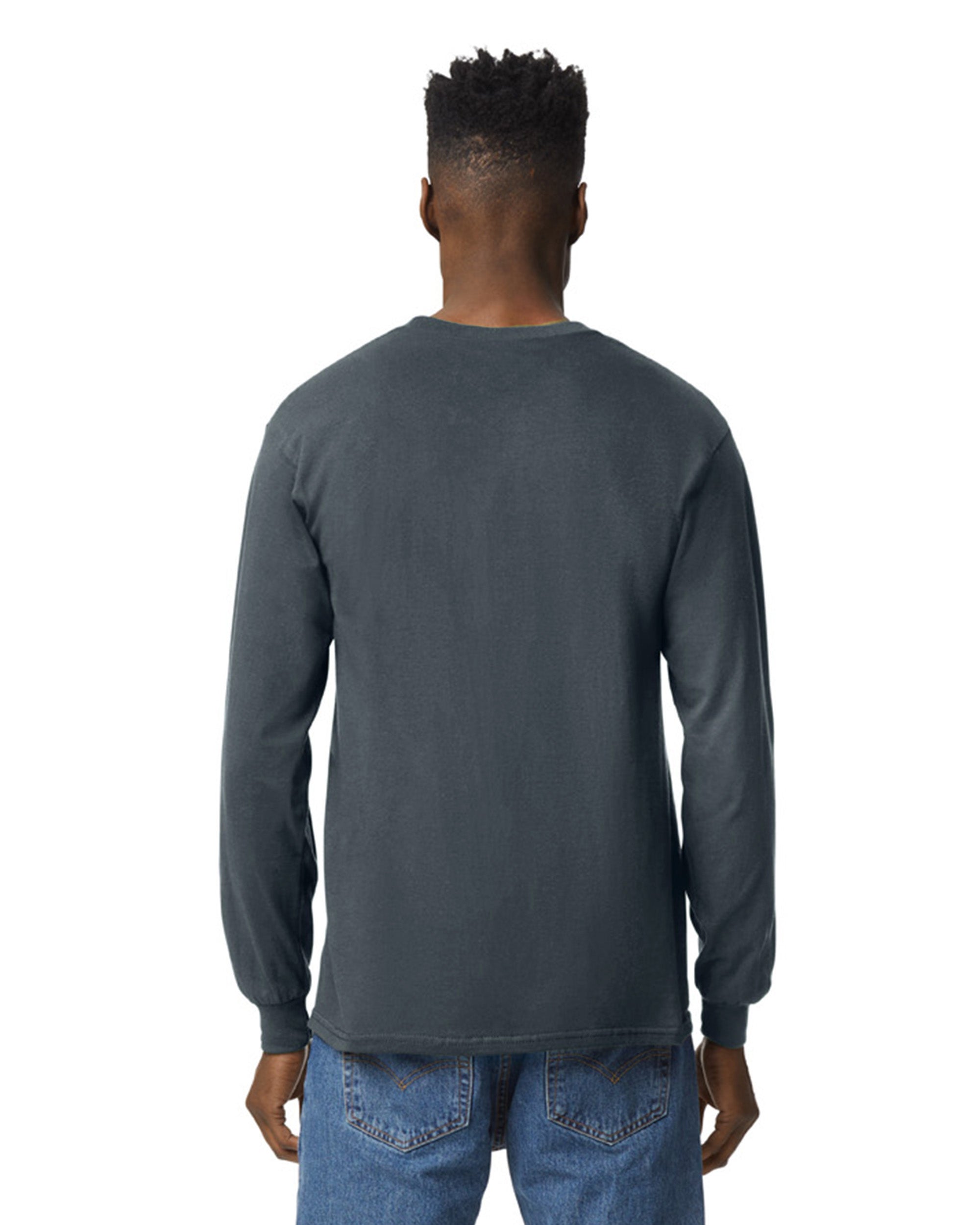 Back view of man wearing dark heather Gildan Adult Ultra Cotton Long Sleeve T-Shirt with hands by side