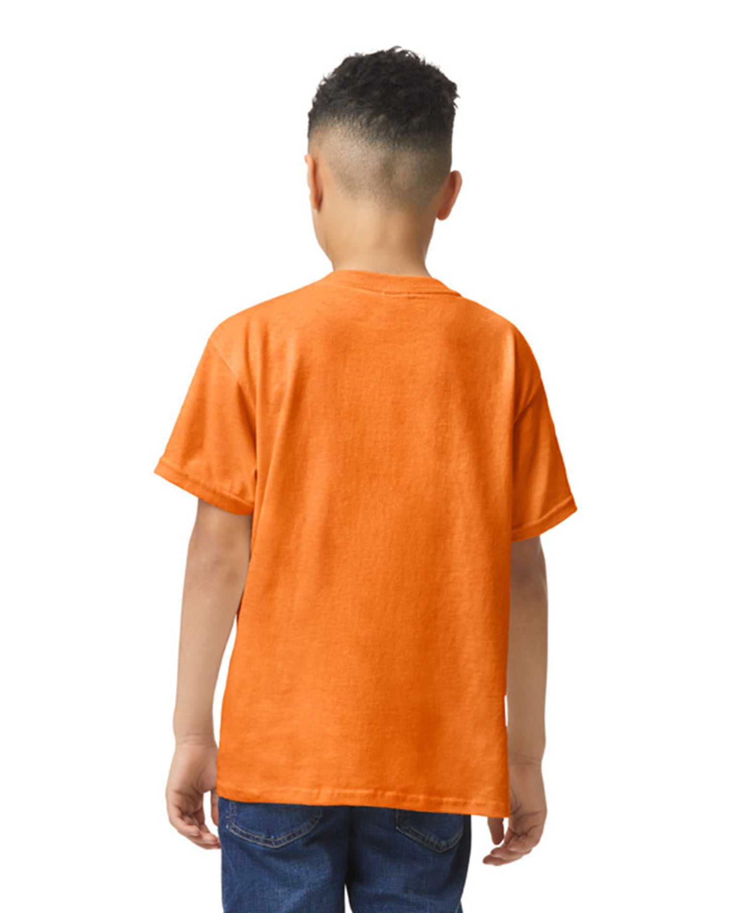 view of youth wearing safety orange Gildan 5000B Heavy Cotton Youth T-Shirt with arms by side
