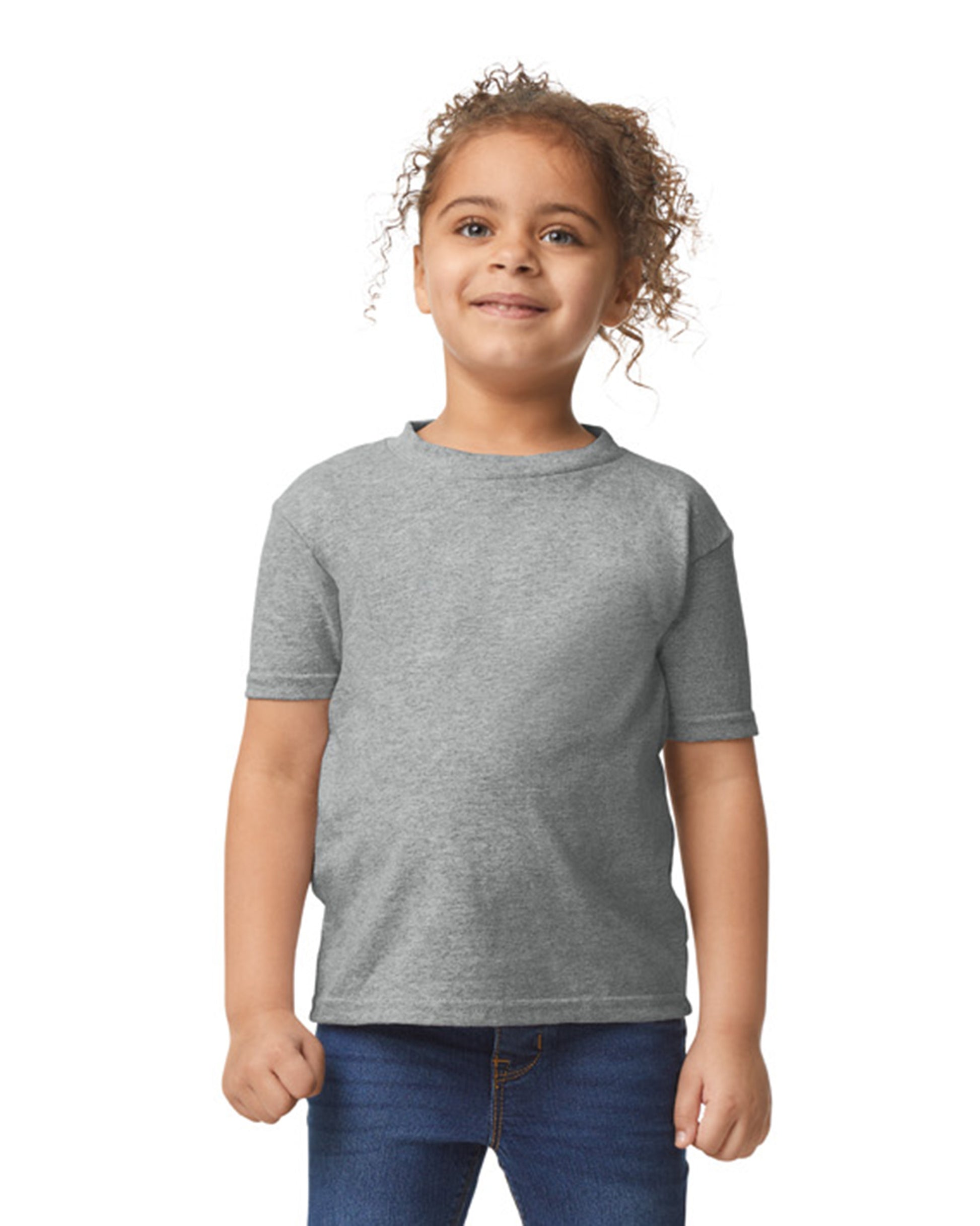 Front view of child wearing grey Gildan 5100P Heavy Cotton Childrens T-Shirt looking straight ahead