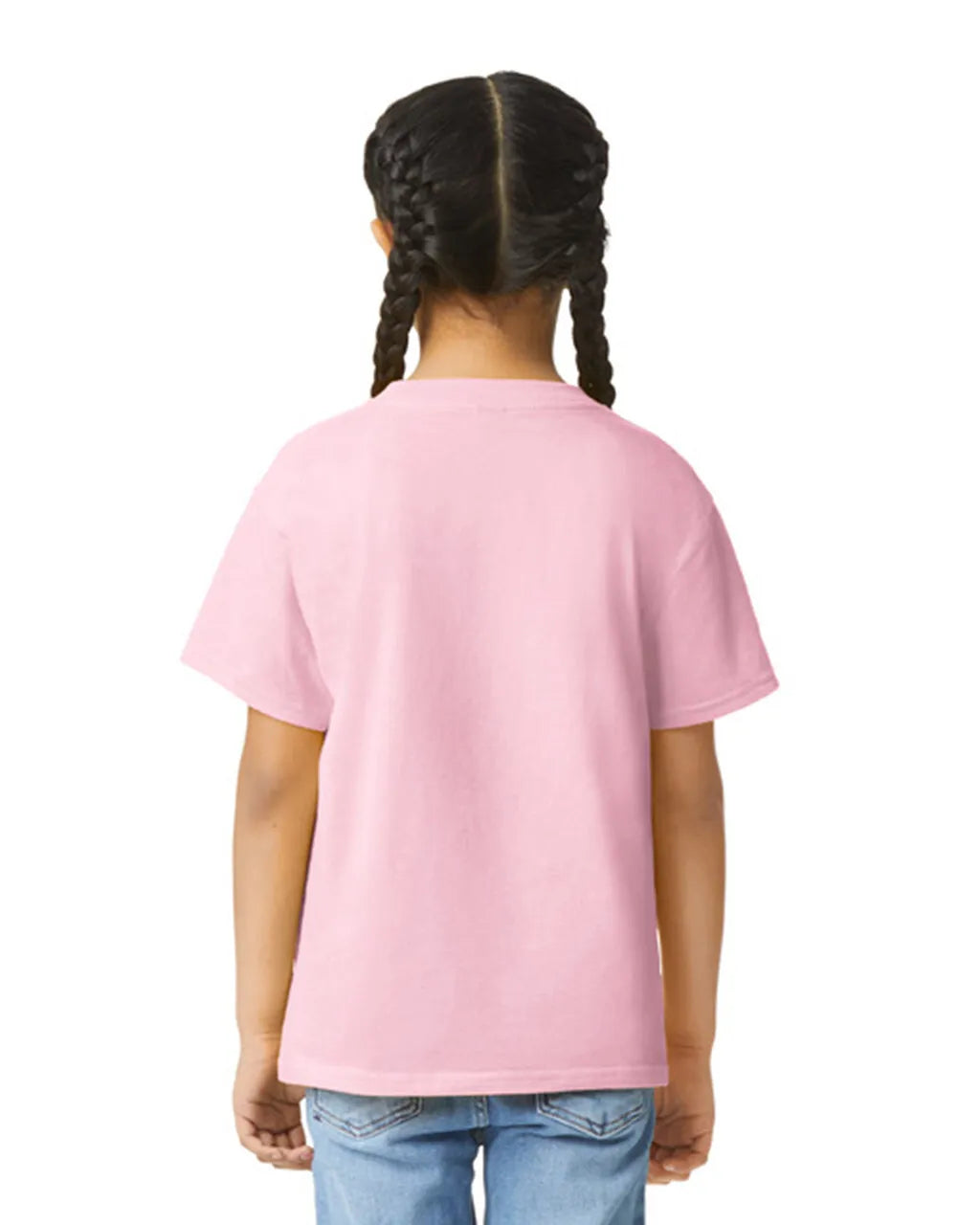 Back view of youth wearing a pink Gildan 64000B Youth Softstyle® T-Shirt  with hands by side