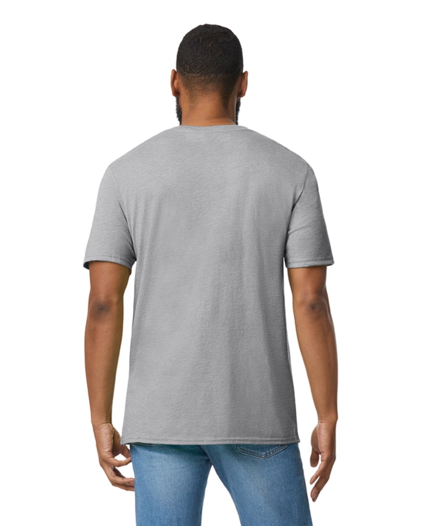 Back view of bearded man wearing grey Gildan 64V00 Soft Cotton Adult V-Neck T-Shirt with arms along side