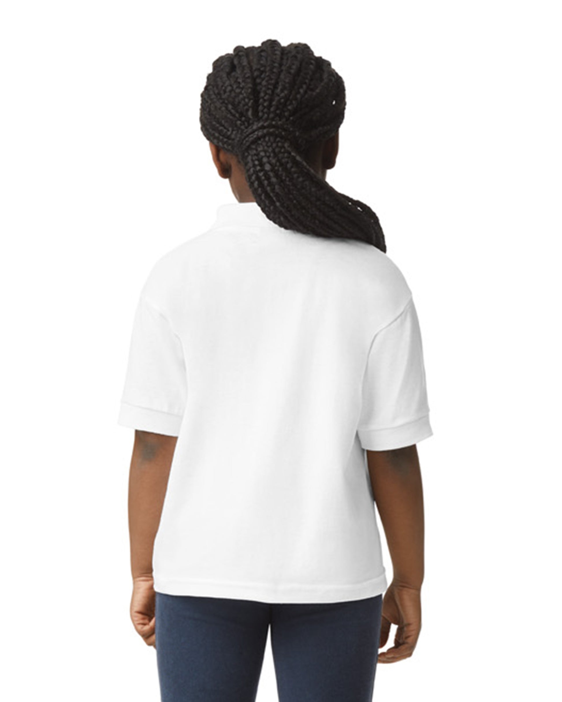 Back view of youth wearing white Gildan 8800B DryBlend Youth Polo braided with hair over right shoulder