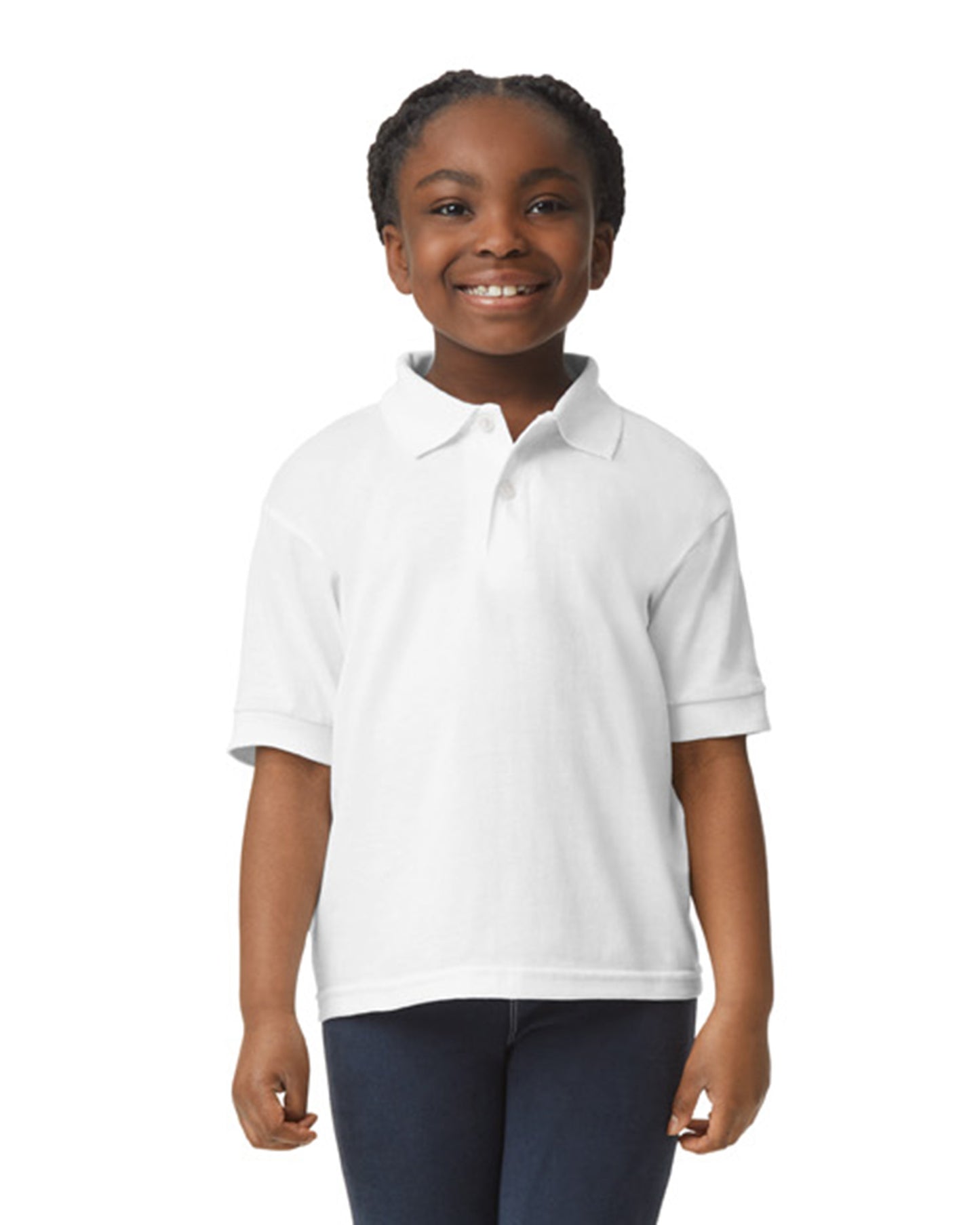 Front view of youth wearing white Gildan 8800B DryBlend Youth Polo smiling looking straight ahead