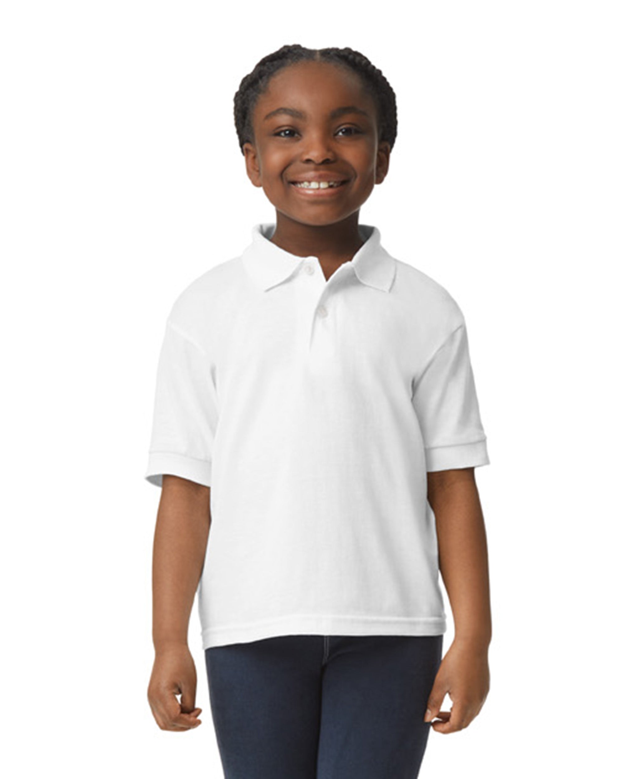 Front view of youth wearing white Gildan 8800B DryBlend Youth Polo smiling looking straight ahead