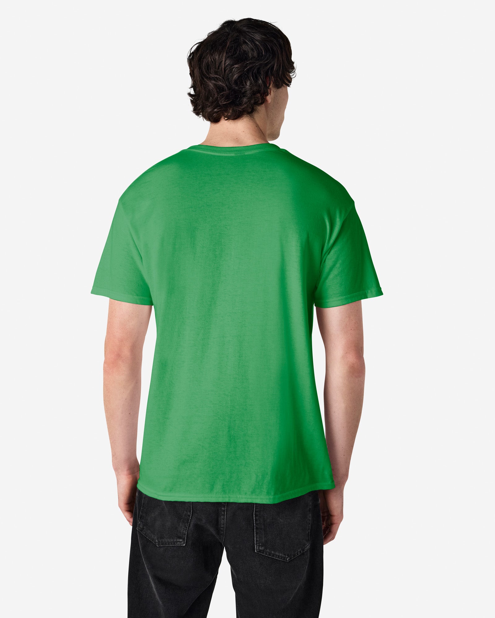Back view of man wearing antique irish green Gildan Adult Heavy Cotton T-Shirt with arms by side