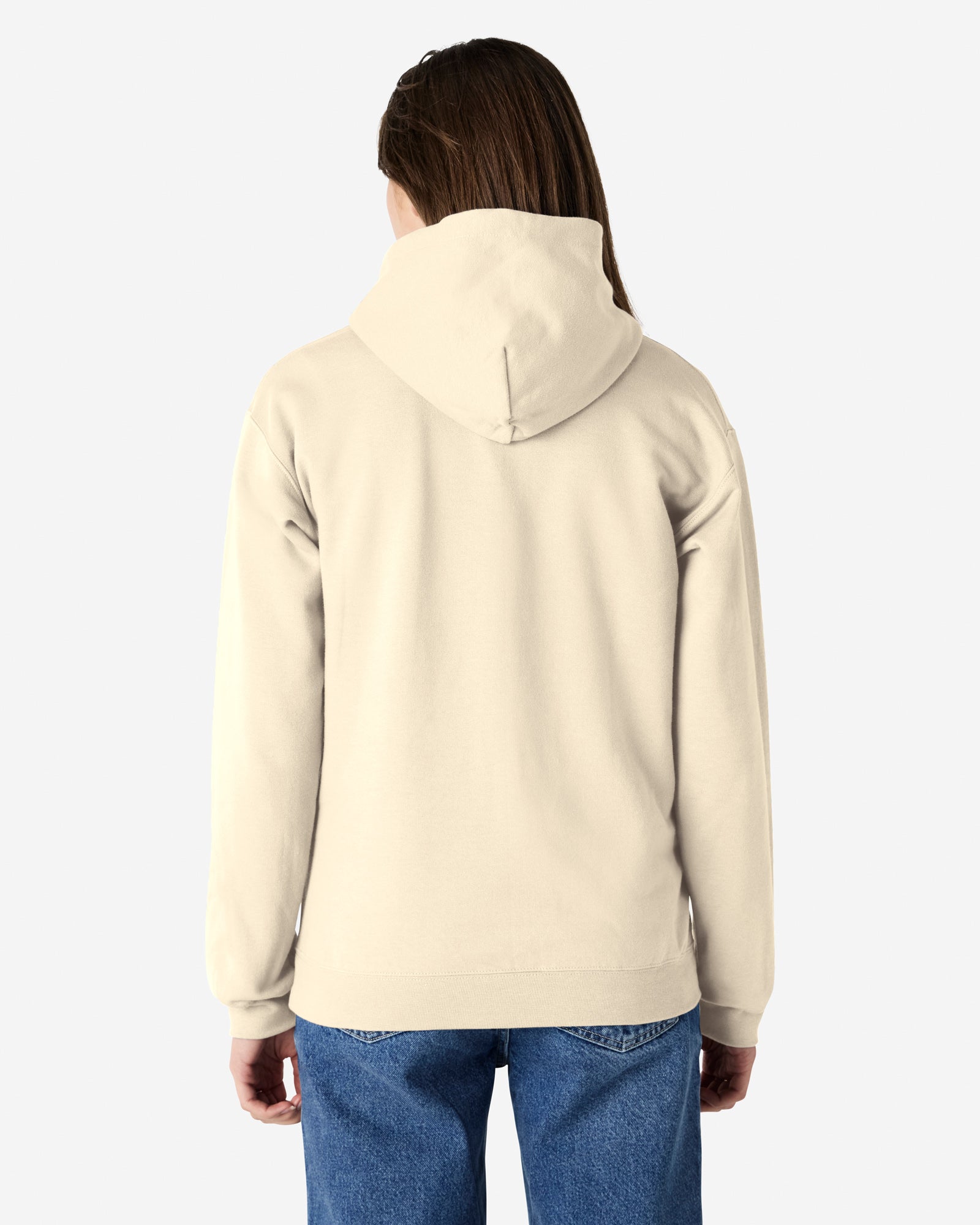 Back view of woman wearing Gildan Adult Softstyle Hoodie looking straight ahead with hands by side