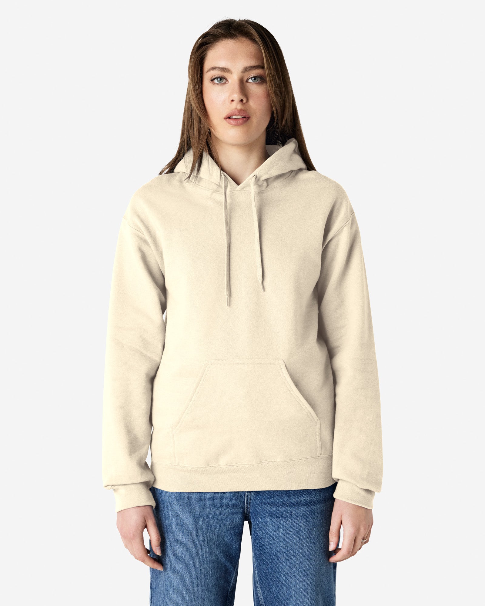 Front view of woman wearing Gildan Adult Softstyle Hoodie looking straight ahead with hands by side