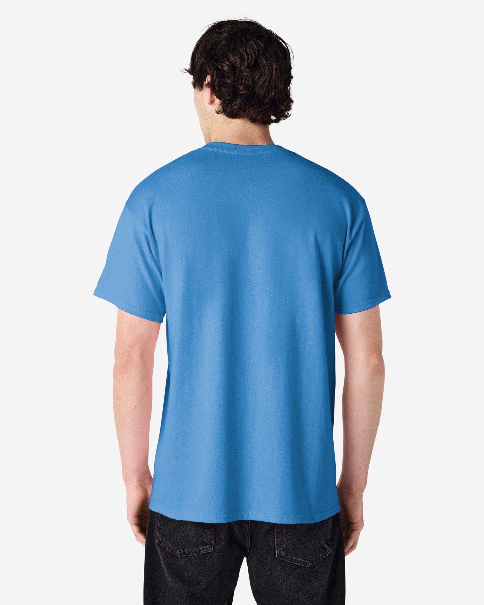 Back view of man wearing iris coloured Gildan Adult Ultra Cotton T-Shirt looking slightly left