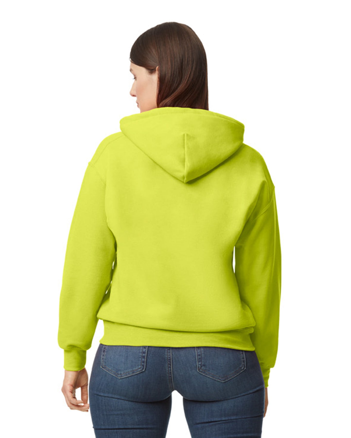Back view of woman wearing safety green Gildan Dryblend Unisex Hoodie looking left