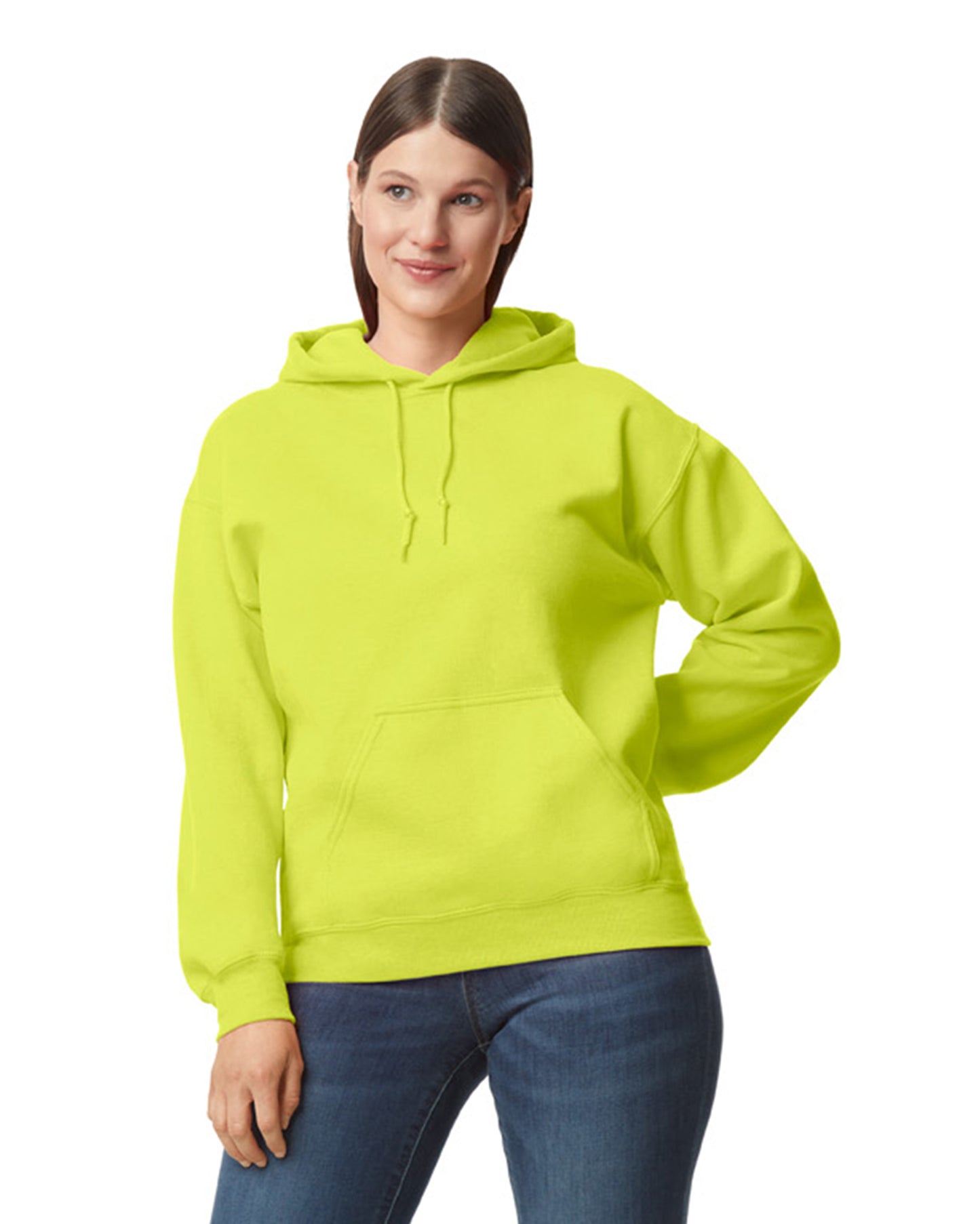 Front view of woman wearing safety green Gildan Dryblend Unisex Hoodie with left arm behind back