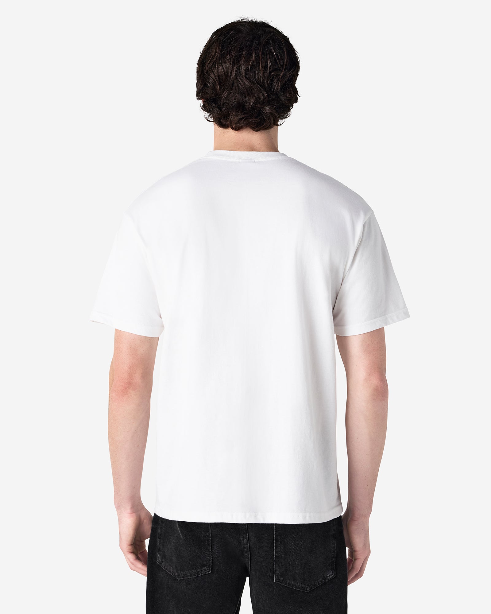Back view of man wearing white Gildan Hammer T-Shirt with hands by side