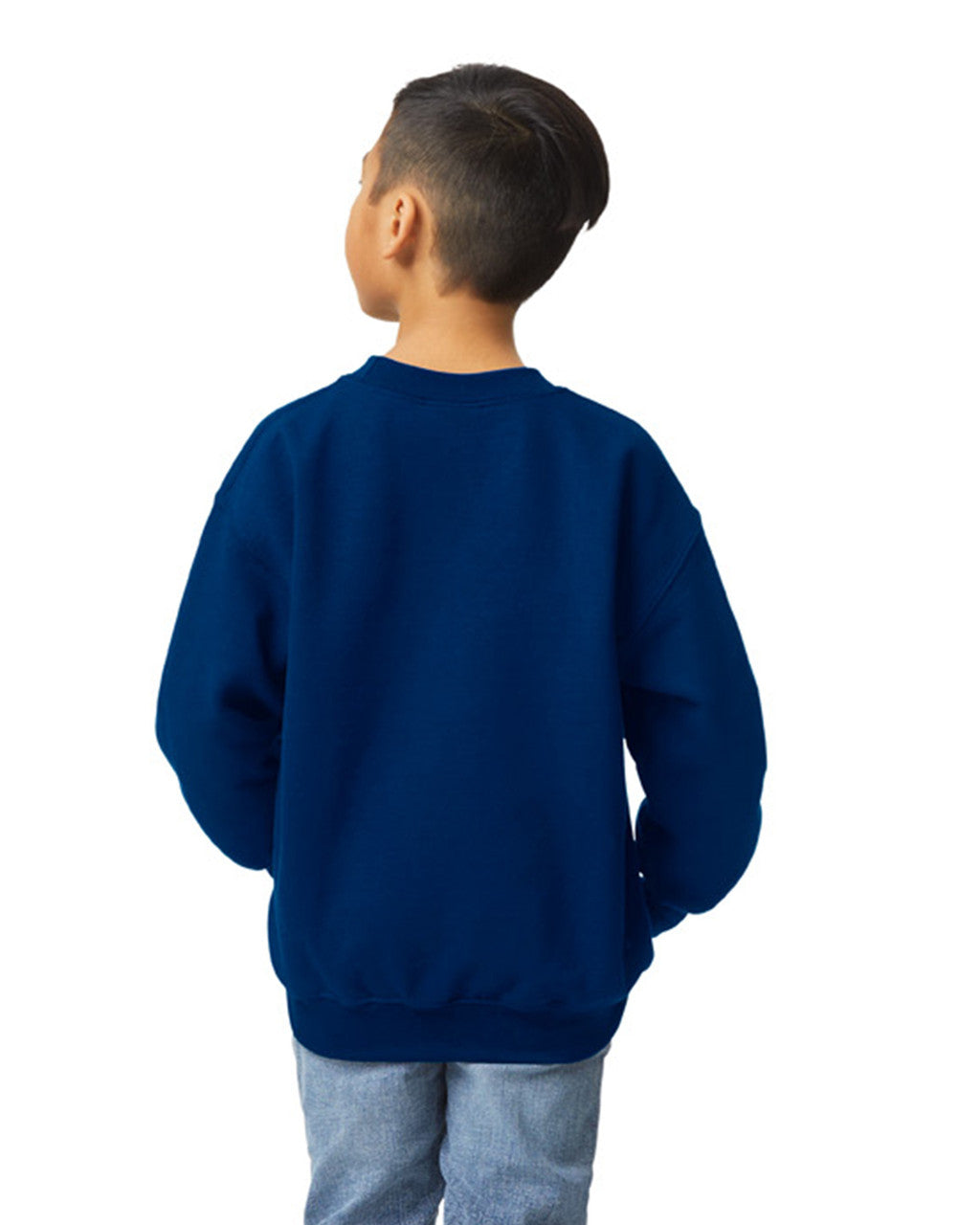 Back view of youth wearing navy Gildan Heavy Blend Youth Crewneck Sweatshirt looking up to left