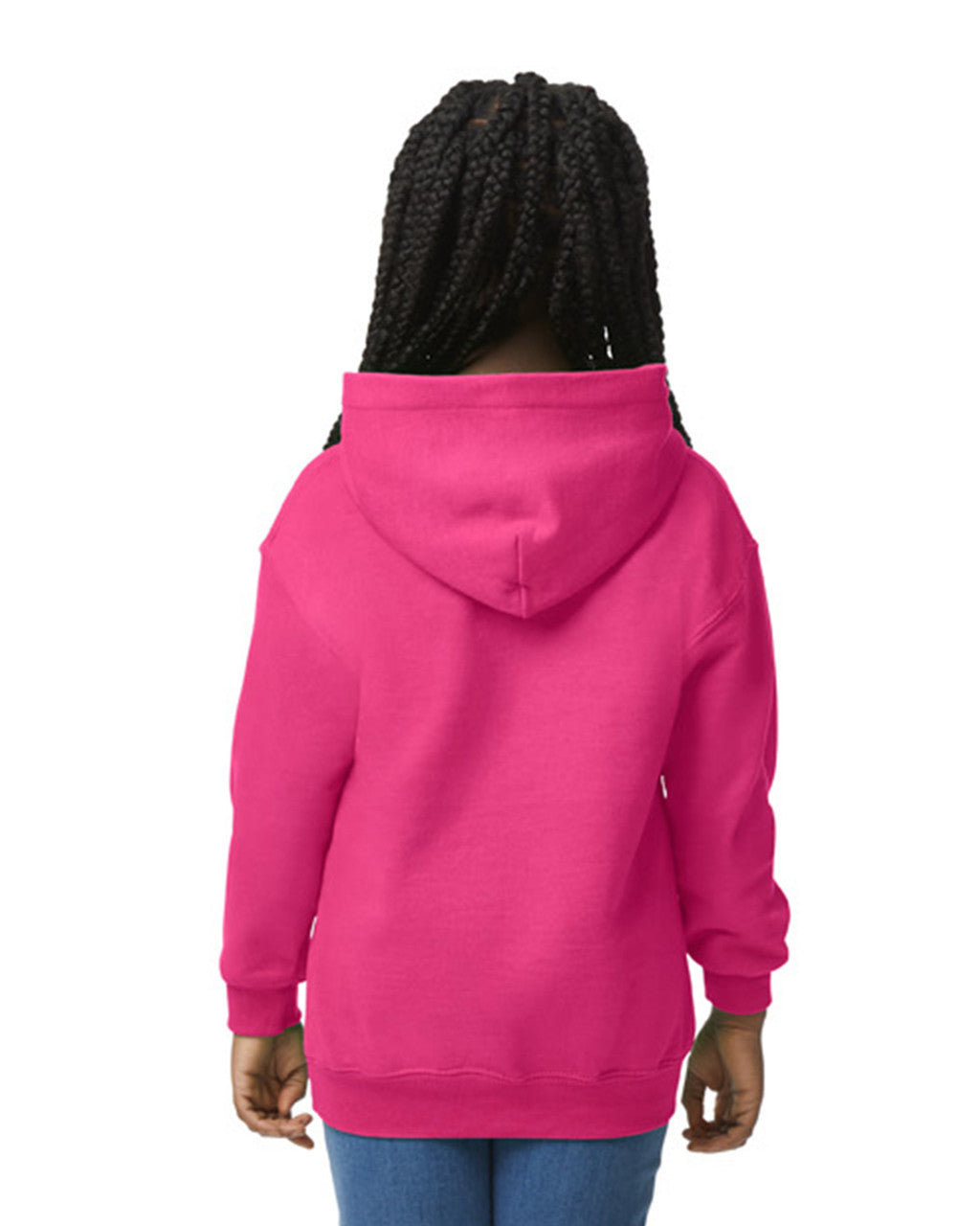 Back view of youth wearing heliconia coloured Gildan Heavy Blend Youth Hoodie with hands by side