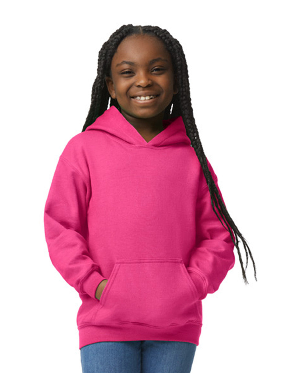 Front view of youth wearing heliconia coloured Gildan Heavy Blend Youth Hoodie with hands in pockets