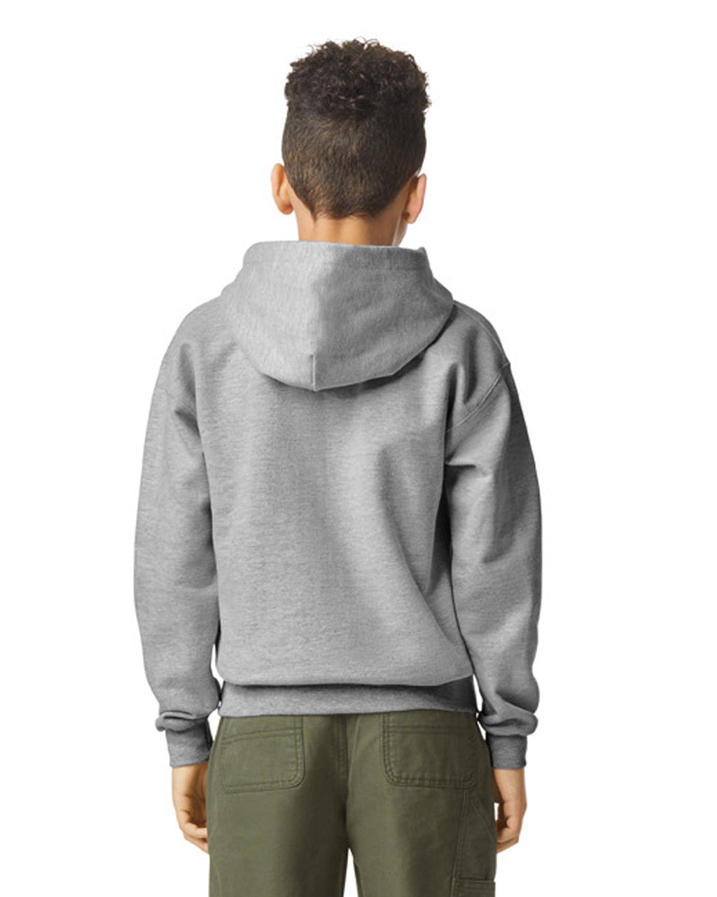 Back view of youth wearing grey Gildan Softstyle Midweight Youth Hoodie with hands by sides