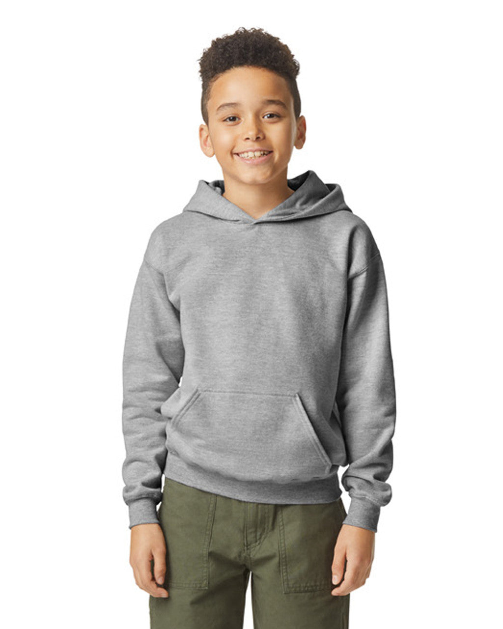 Front view of youth wearing grey Gildan Softstyle Midweight Youth Hoodie looking straight ahead and smiling