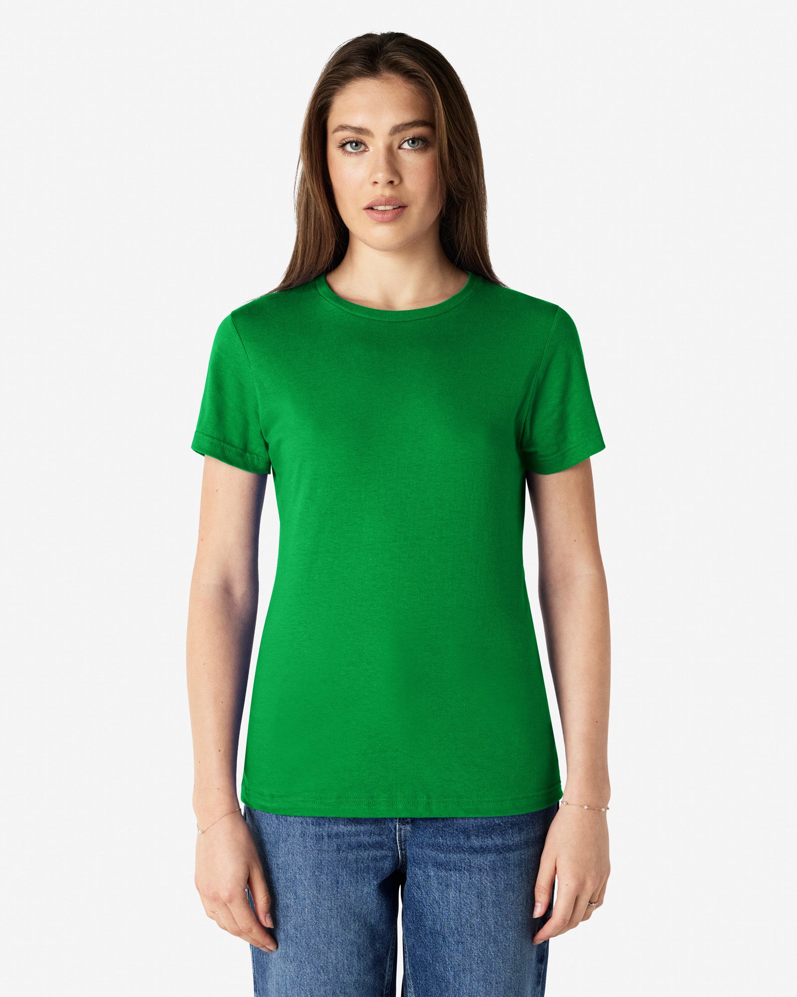 Front view of woman wearing irish green coloured Gildan Softstyle Womens T-Shirt looking straight ahead