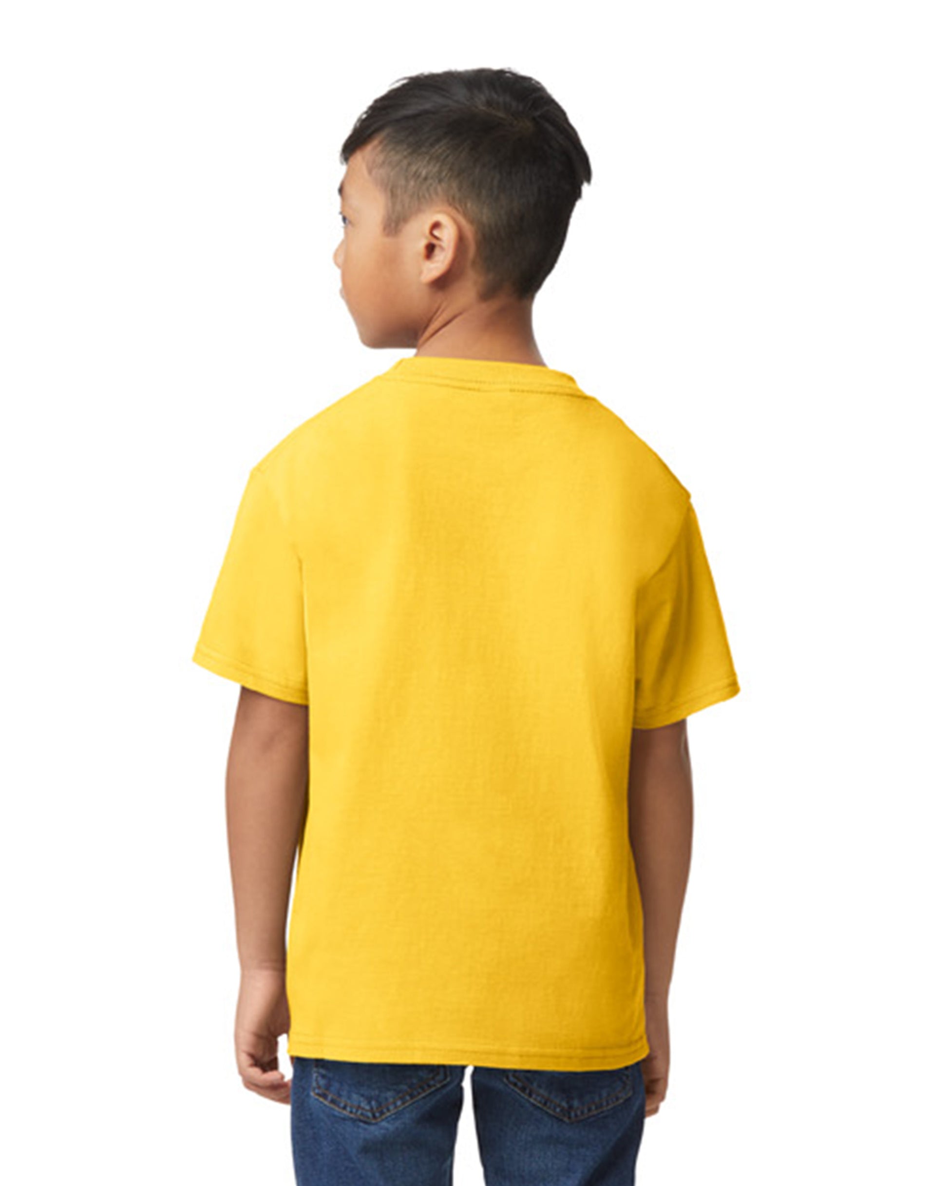 Back view of youth wearing daisy coloured Gildan Softstyle Youth Midweight T-Shirt looking left