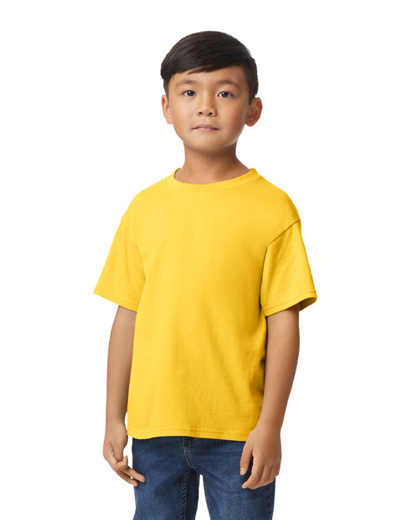 Front view of youth wearing daisy coloured Gildan Softstyle Youth Midweight T-Shirt looking straight ahead
