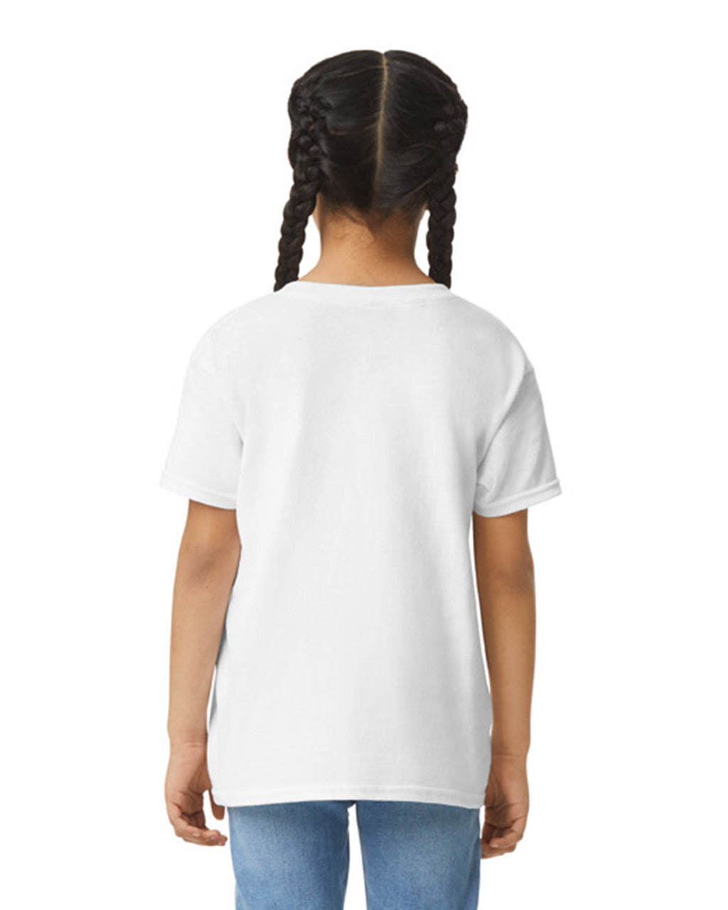 Back view of youth wearing white Gildan Youth Ultra Cotton T-Shirt with arms by side