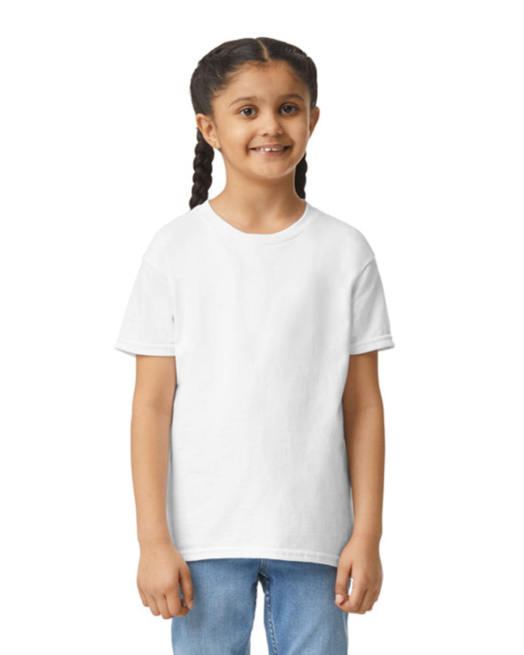 Front view of youth wearing white Gildan Youth Ultra Cotton T-Shirt smiling, looking forward
