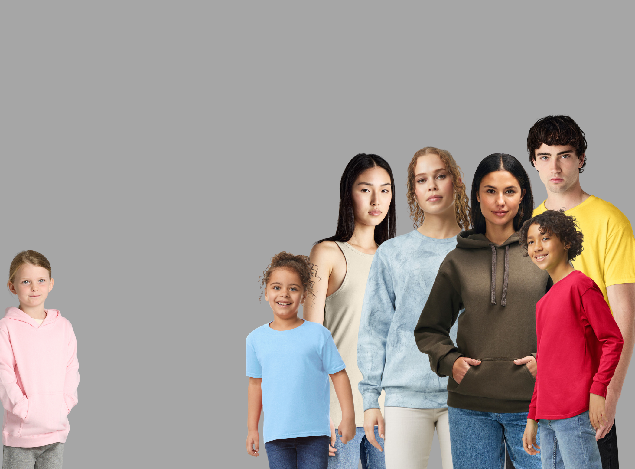Web browser home page image on grey background of seven people wearing products available to customise