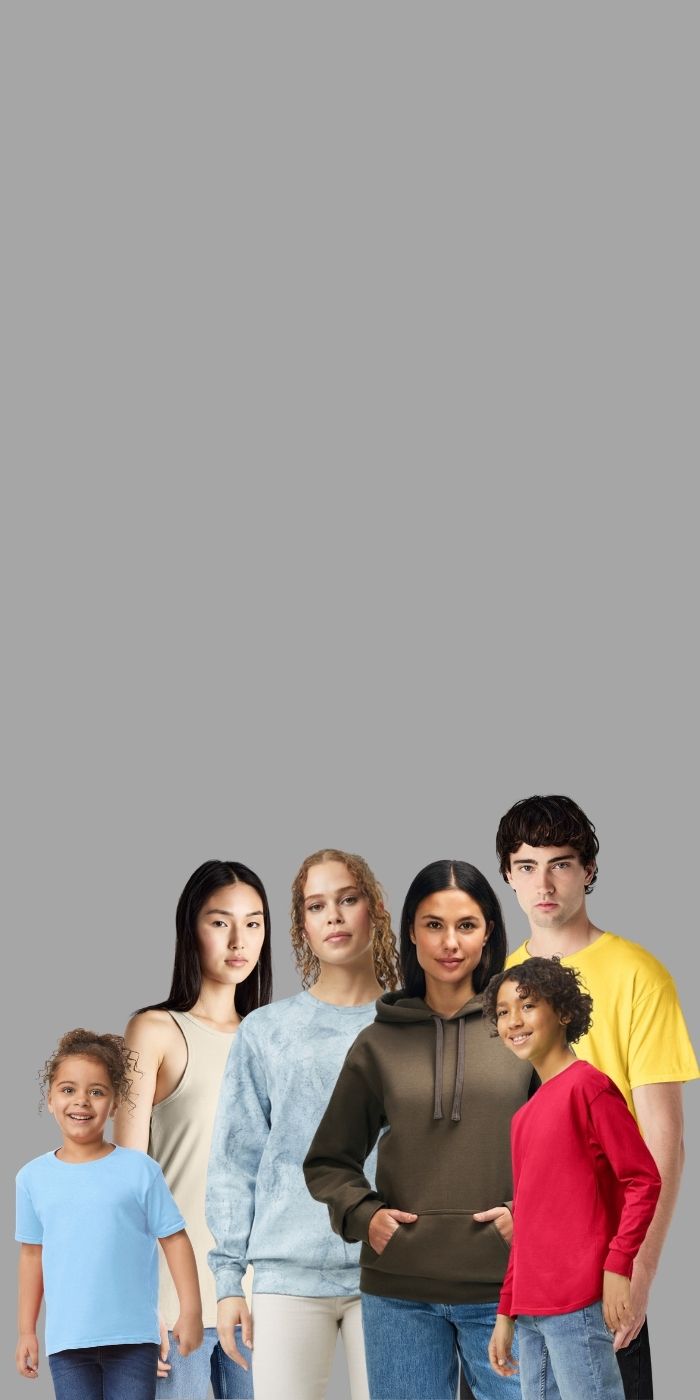 Mobile home page image on grey background of six people wearing products available to customise