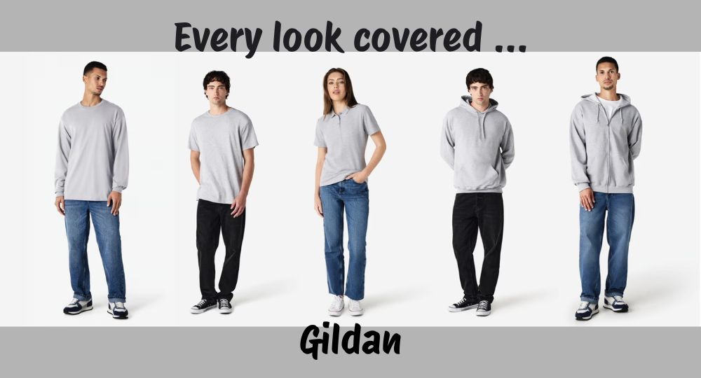 The You Label Gildan looks including long and short sleeve shirts, polos, and hoodies